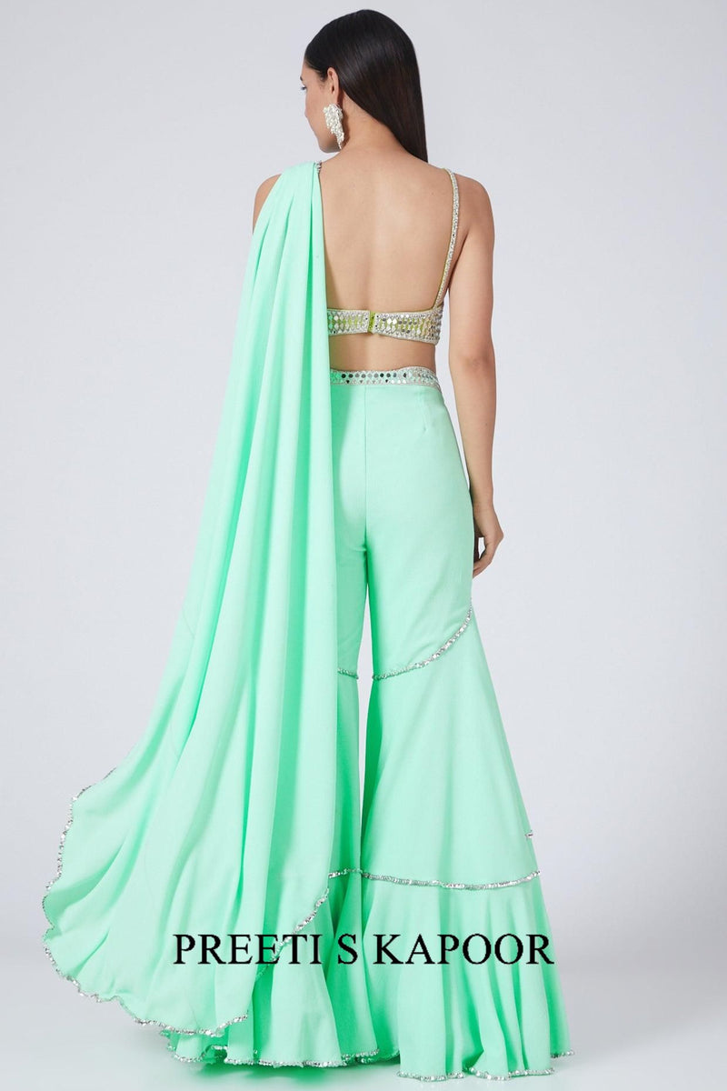 Aquamarine Green Embroidered Draped Gharara - Preeti S Kapoor
