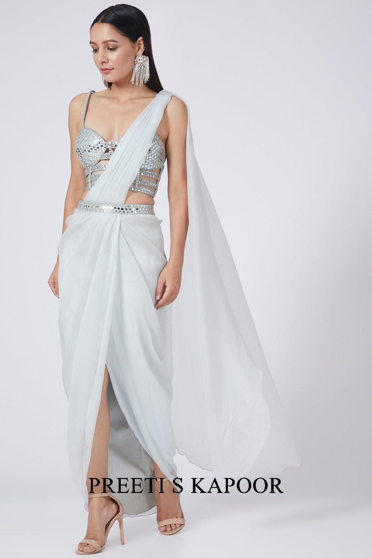 Ice Blue Embroidered Draped Saree Set - Preeti S Kapoor