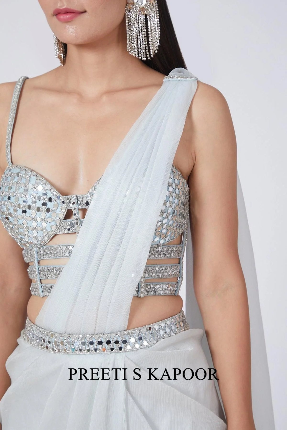 Ice Blue Embroidered Draped Saree Set - Preeti S Kapoor