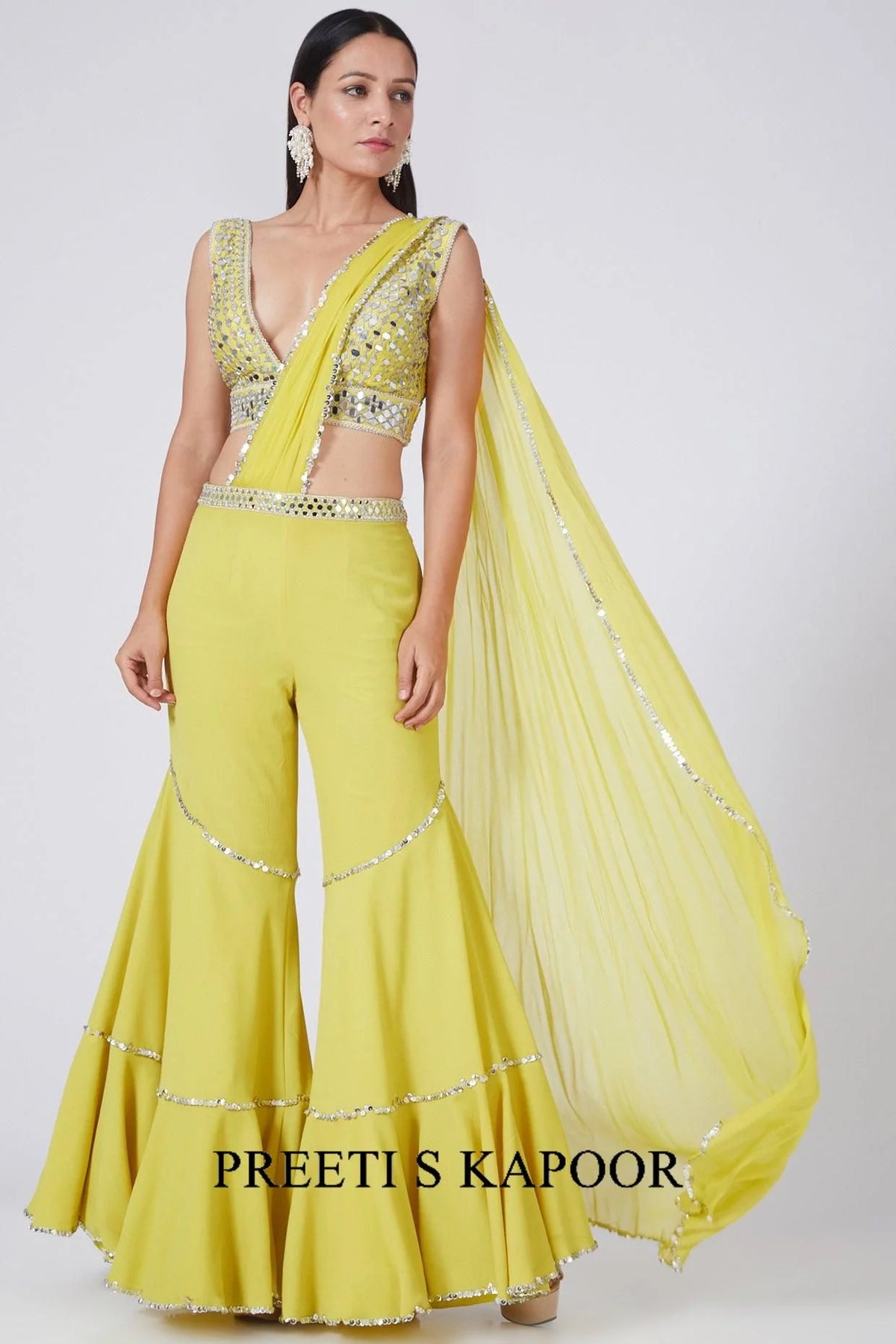 Yellow Embroidered Drape Gharara Set - Preeti S Kapoor