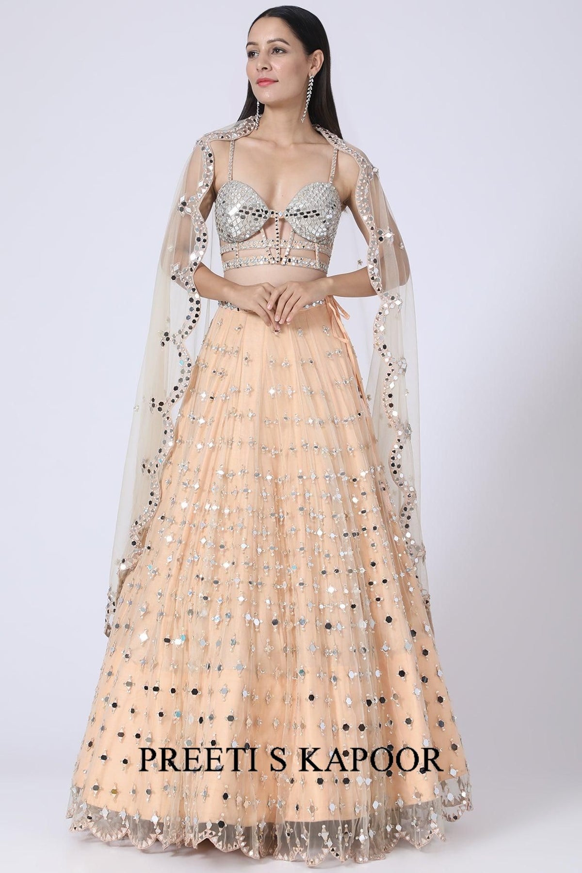 Peach Mirror Embroidered Lehenga Set - Preeti S Kapoor