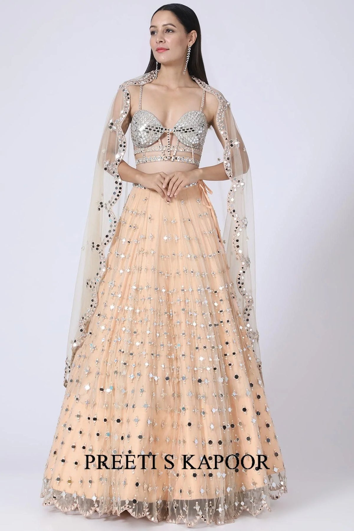 Peach Mirror Embroidered Lehenga Set - Preeti S Kapoor