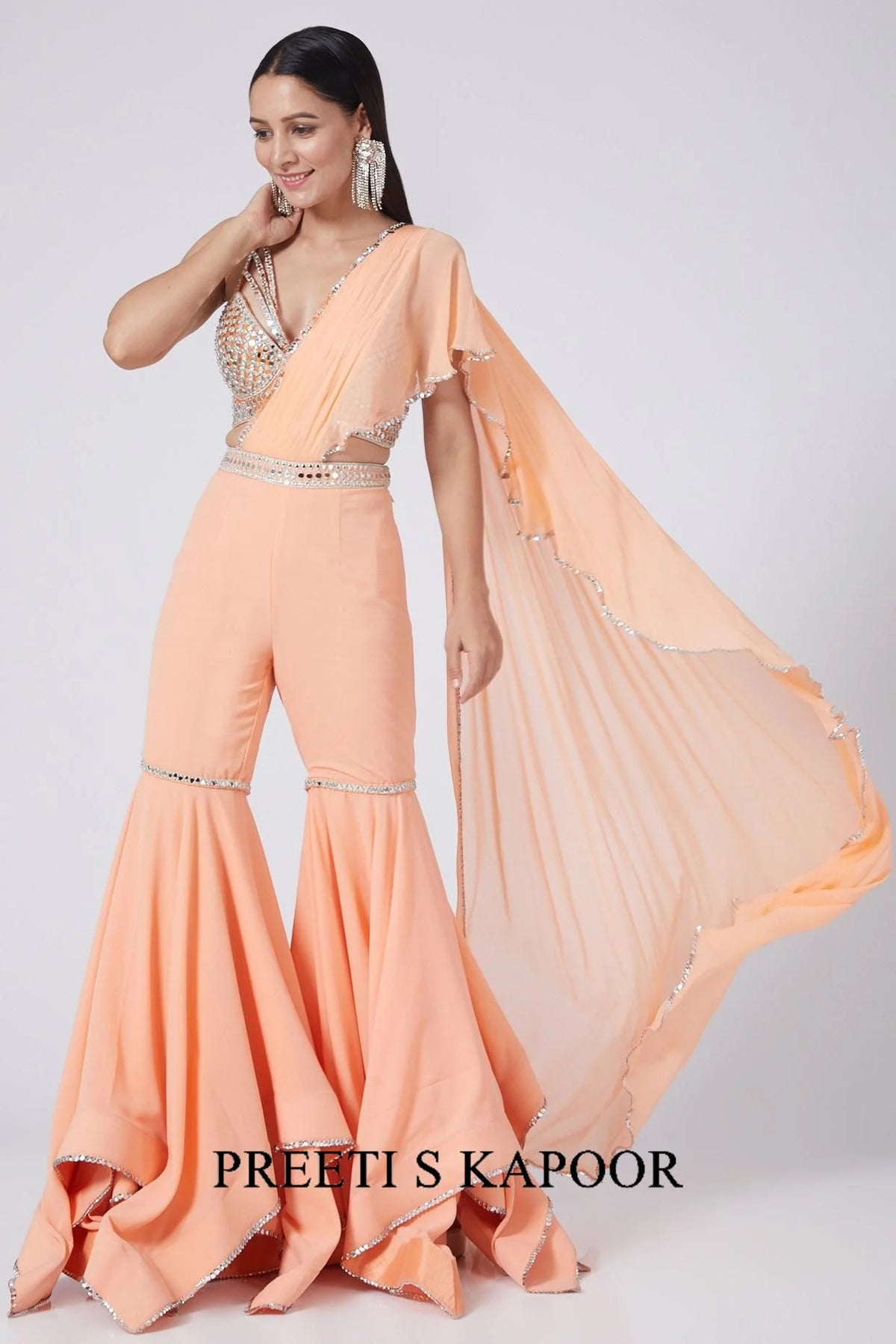 Peach Embroidered Draped Gharara Set - Preeti S Kapoor