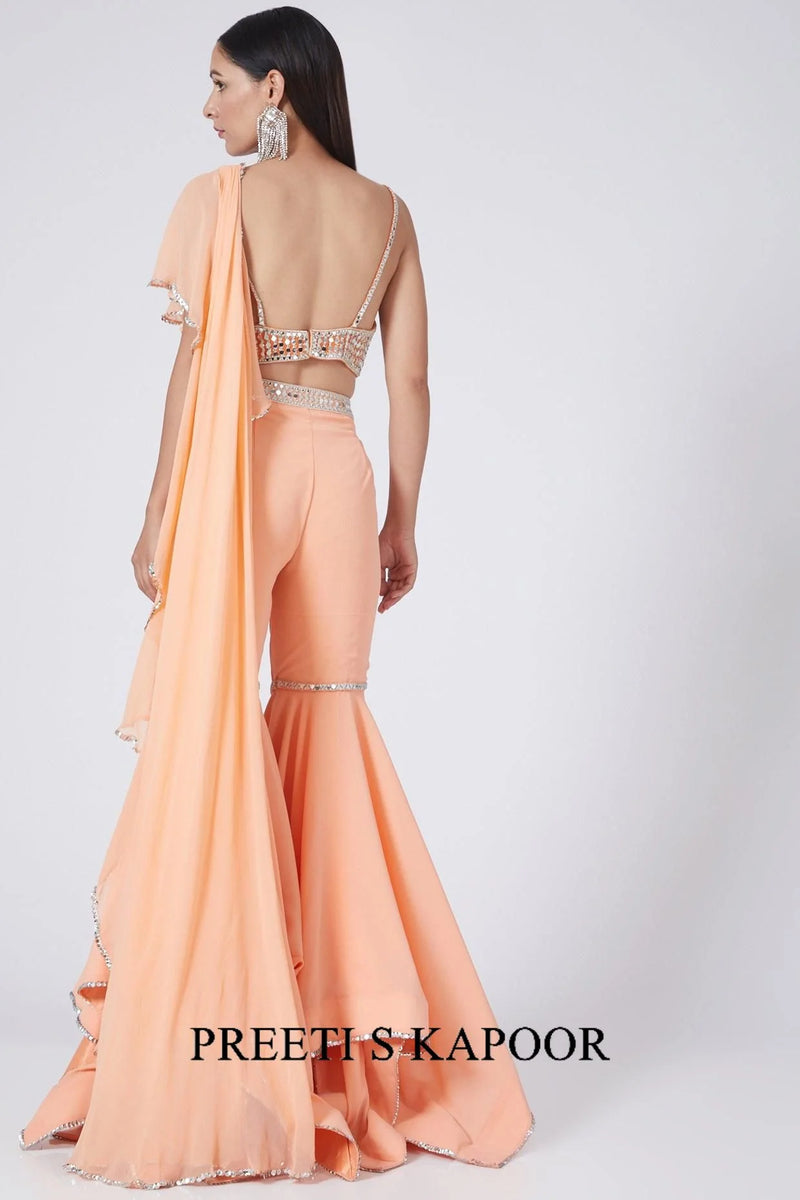 Peach Embroidered Draped Gharara Set - Preeti S Kapoor