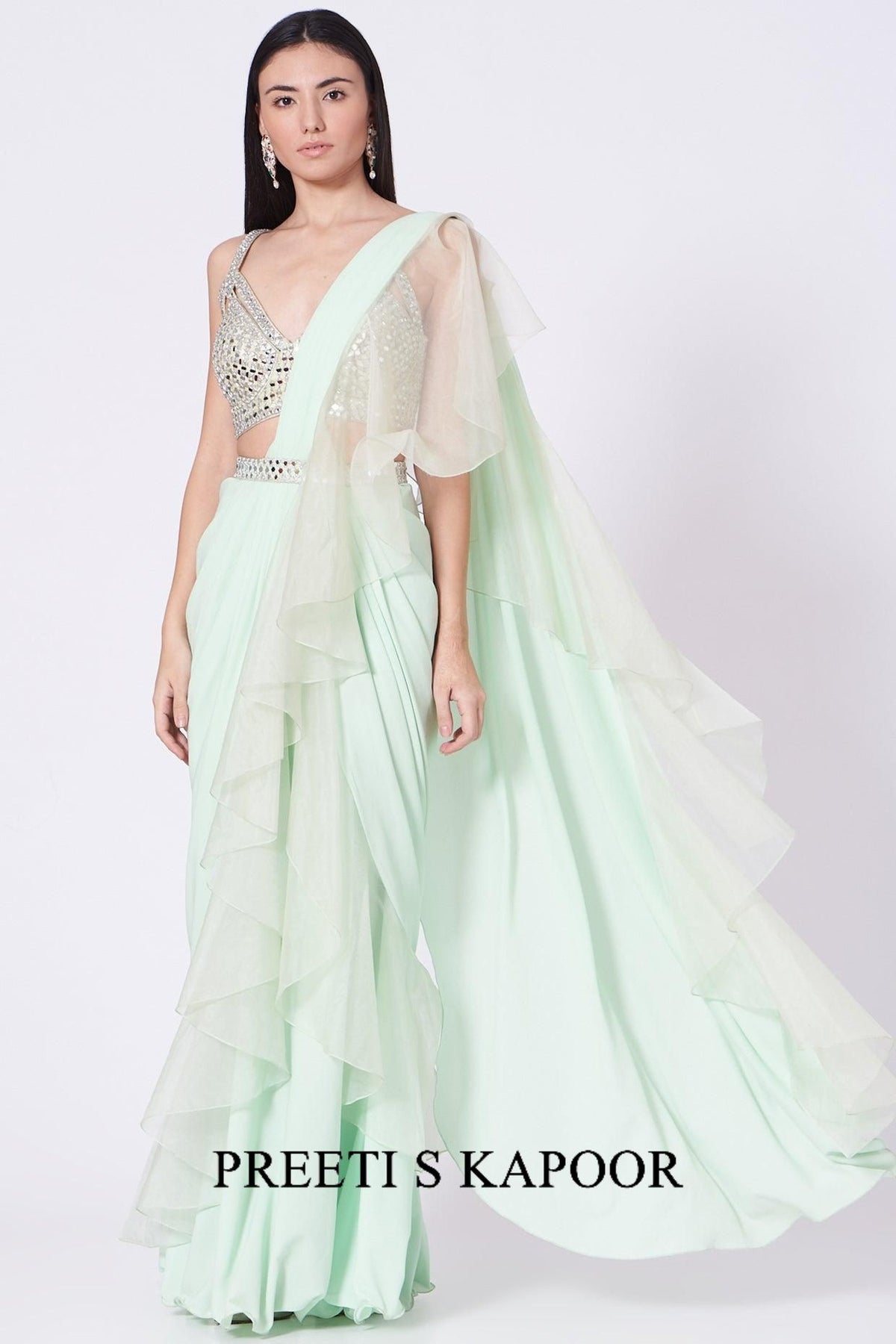 Mint Green Embroidered Draped Saree Set - Preeti S Kapoor