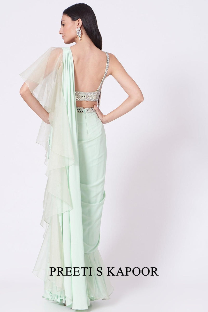 Mint Green Embroidered Draped Saree Set - Preeti S Kapoor