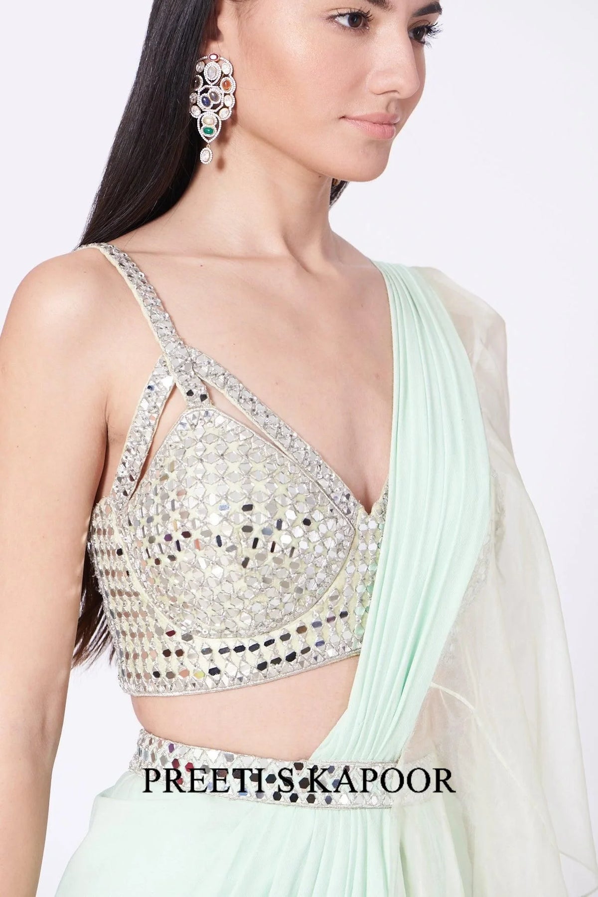 Mint Green Embroidered Draped Saree Set - Preeti S Kapoor