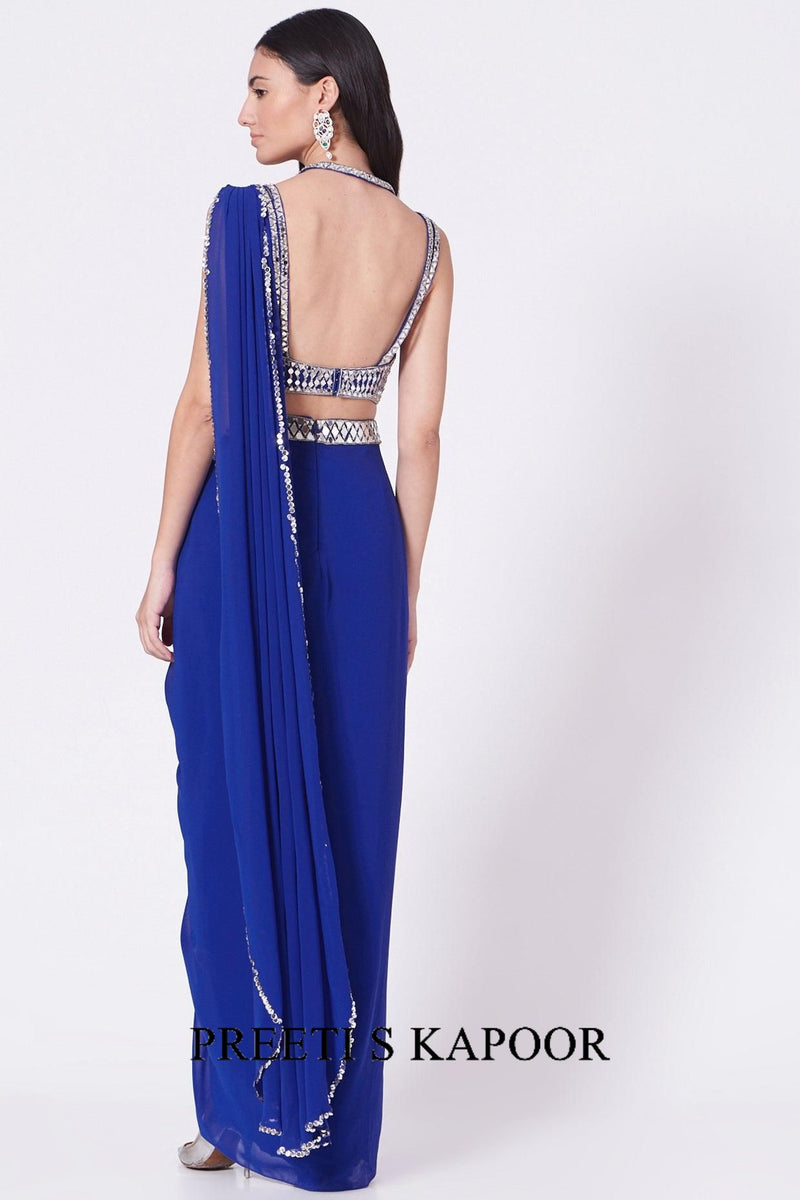 Cobalt Blue Embroidered Draped Saree Set - Preeti S Kapoor