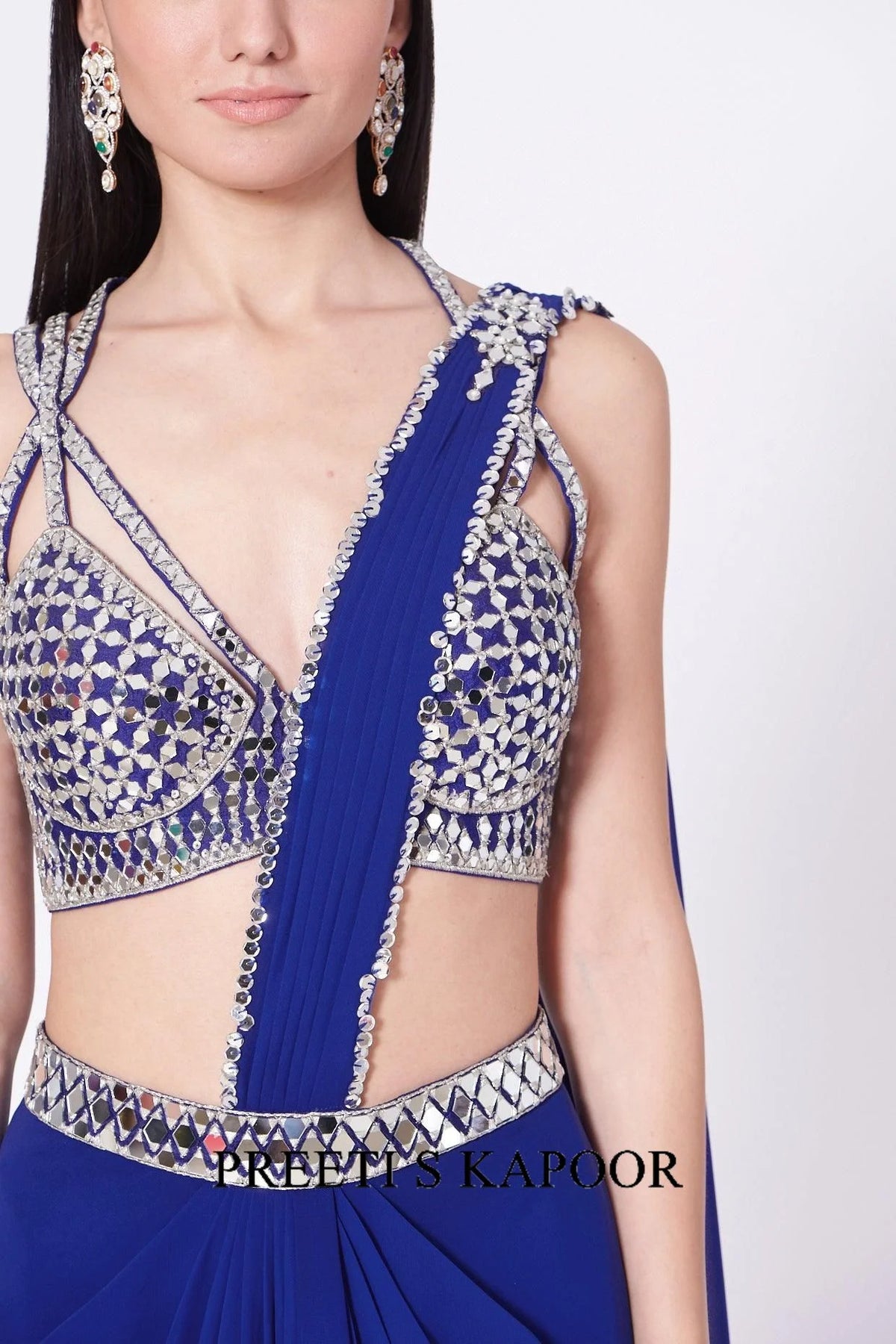 Cobalt Blue Embroidered Draped Saree Set - Preeti S Kapoor