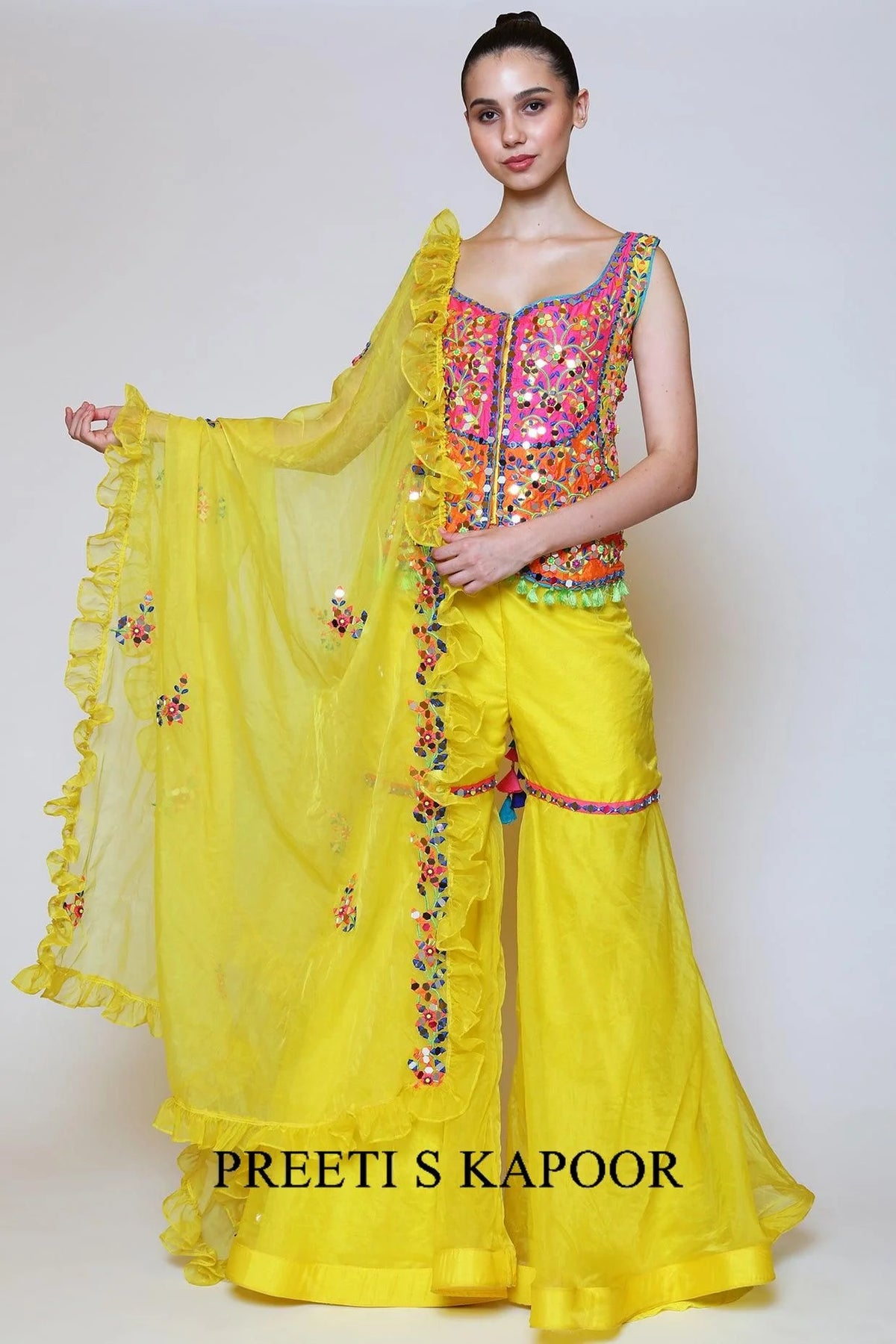 Yellow Dupion & Organza Gharara Set - Preeti S Kapoor
