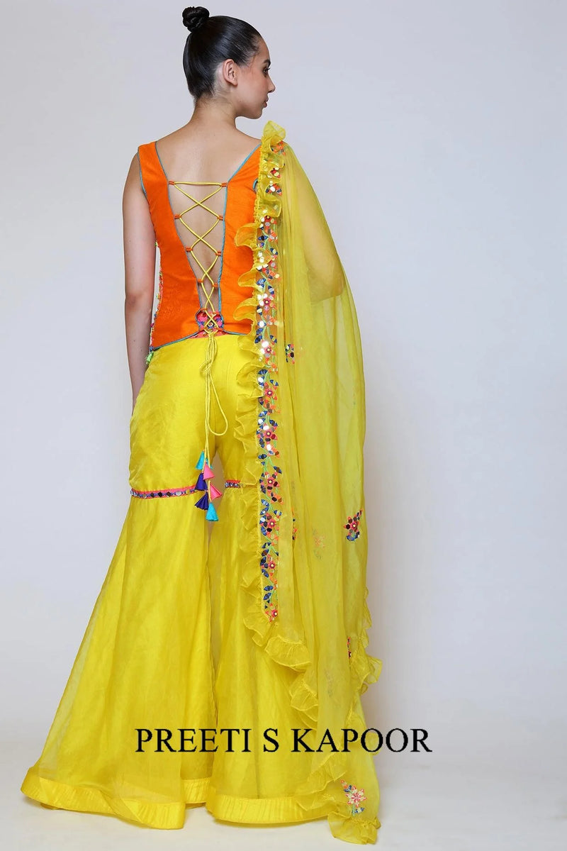 Yellow Dupion & Organza Gharara Set - Preeti S Kapoor