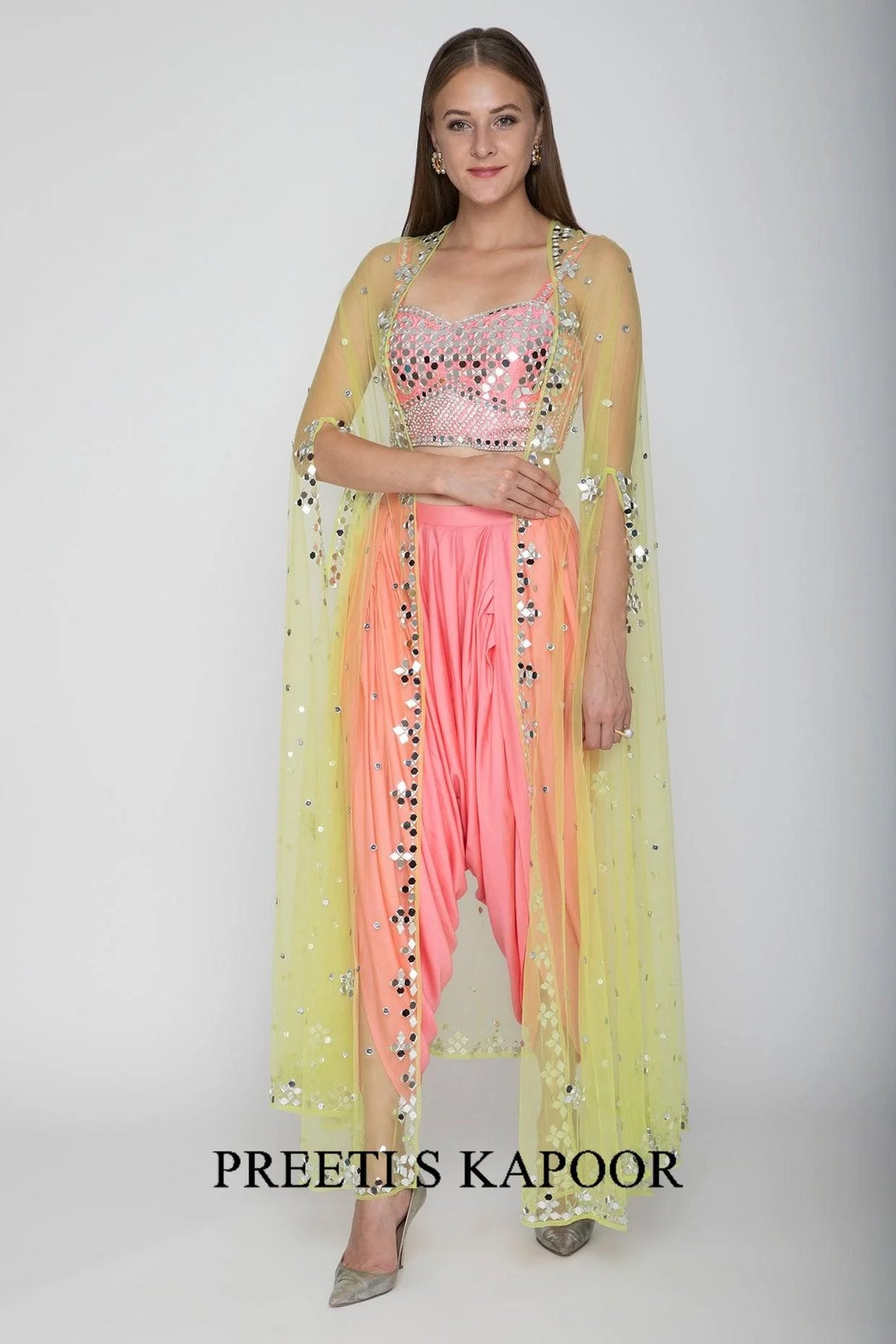 Blush Pink Embroidered Blouse With Dhoti Pants & Lime Yellow Cape - Preeti S Kapoor