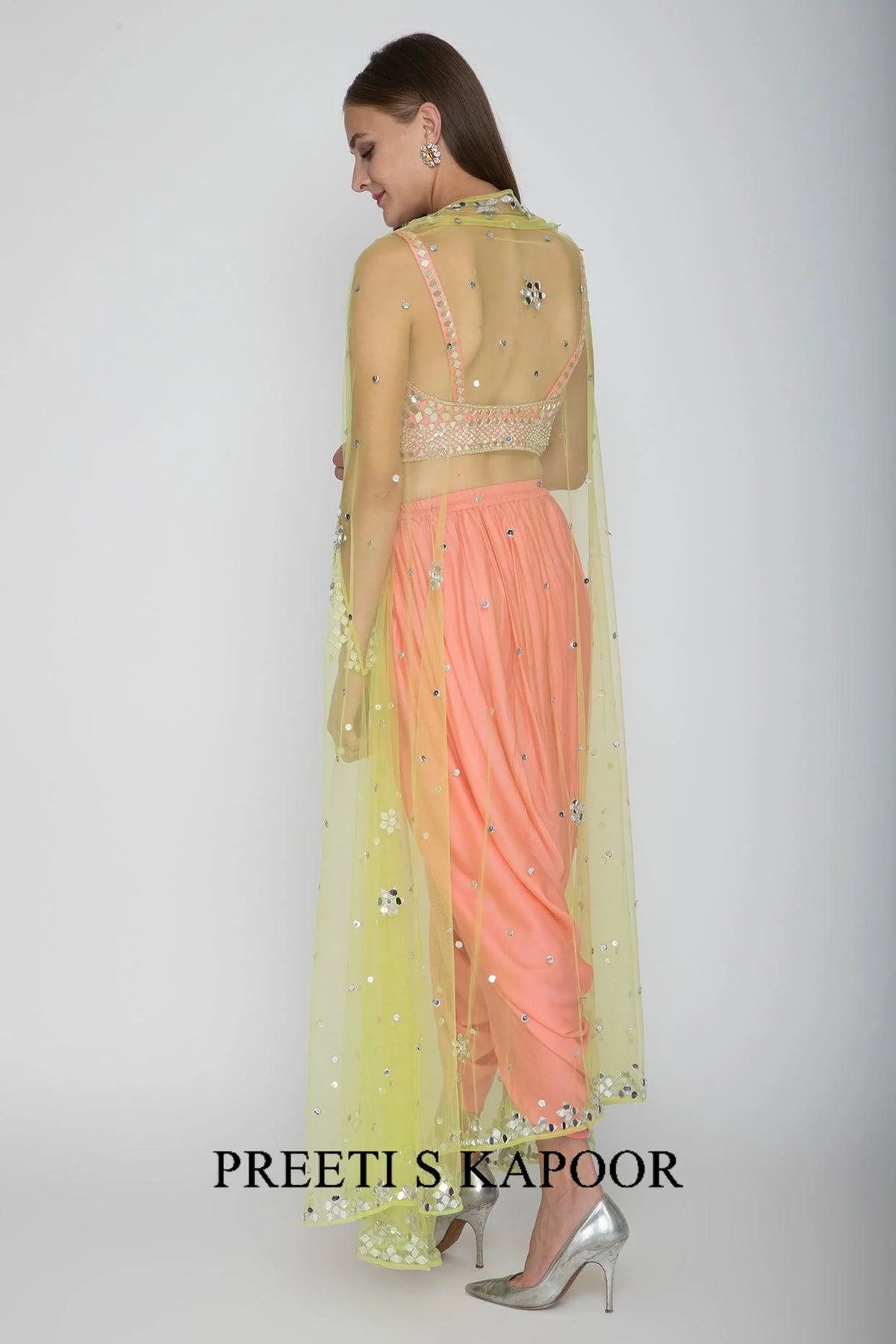 Blush Pink Embroidered Blouse With Dhoti Pants & Lime Yellow Cape - Preeti S Kapoor
