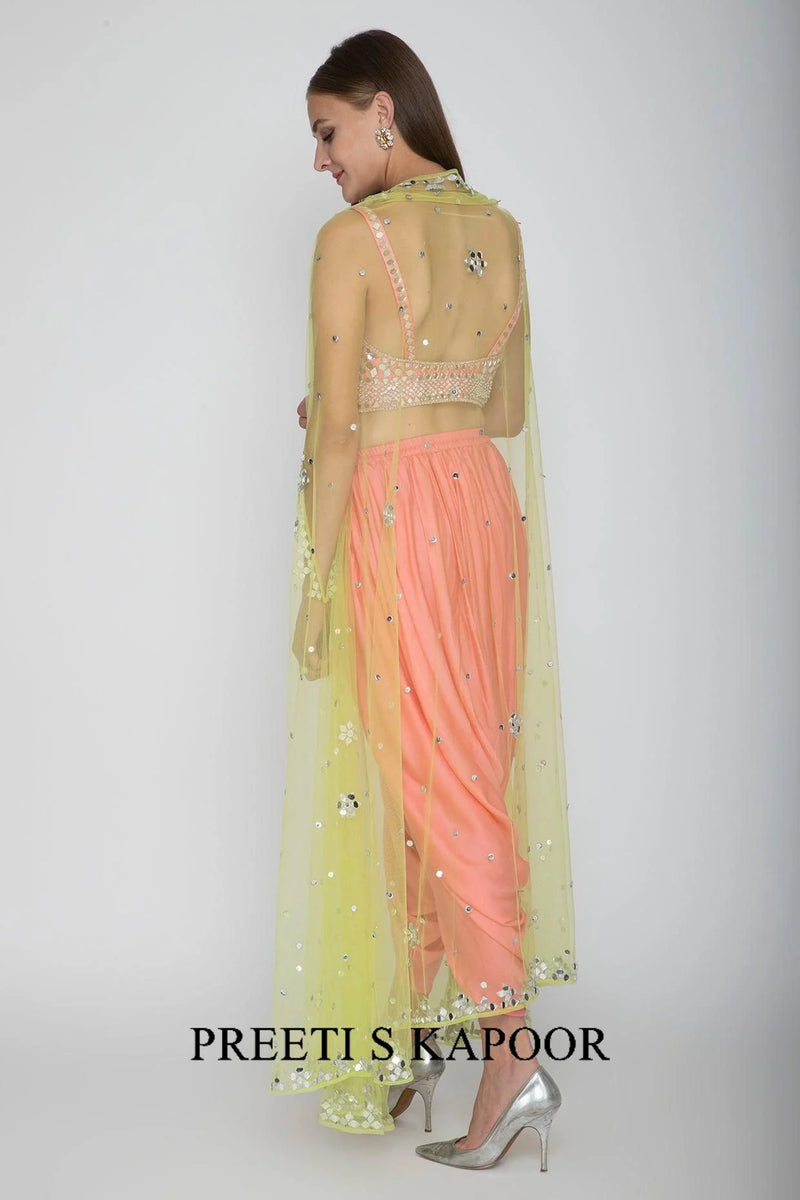 Blush Pink Embroidered Blouse With Dhoti Pants & Lime Yellow Cape - Preeti S Kapoor
