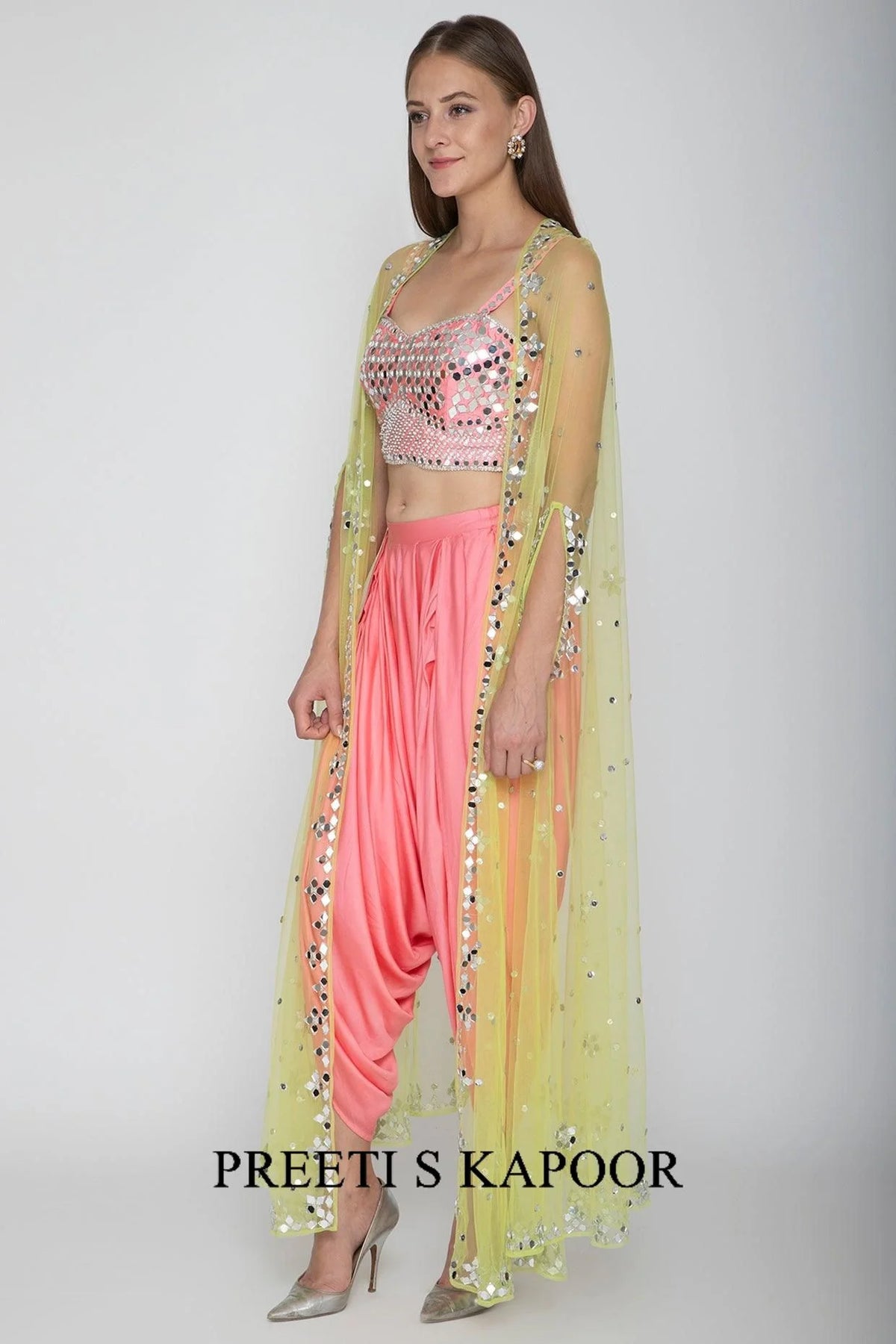 Blush Pink Embroidered Blouse With Dhoti Pants & Lime Yellow Cape - Preeti S Kapoor