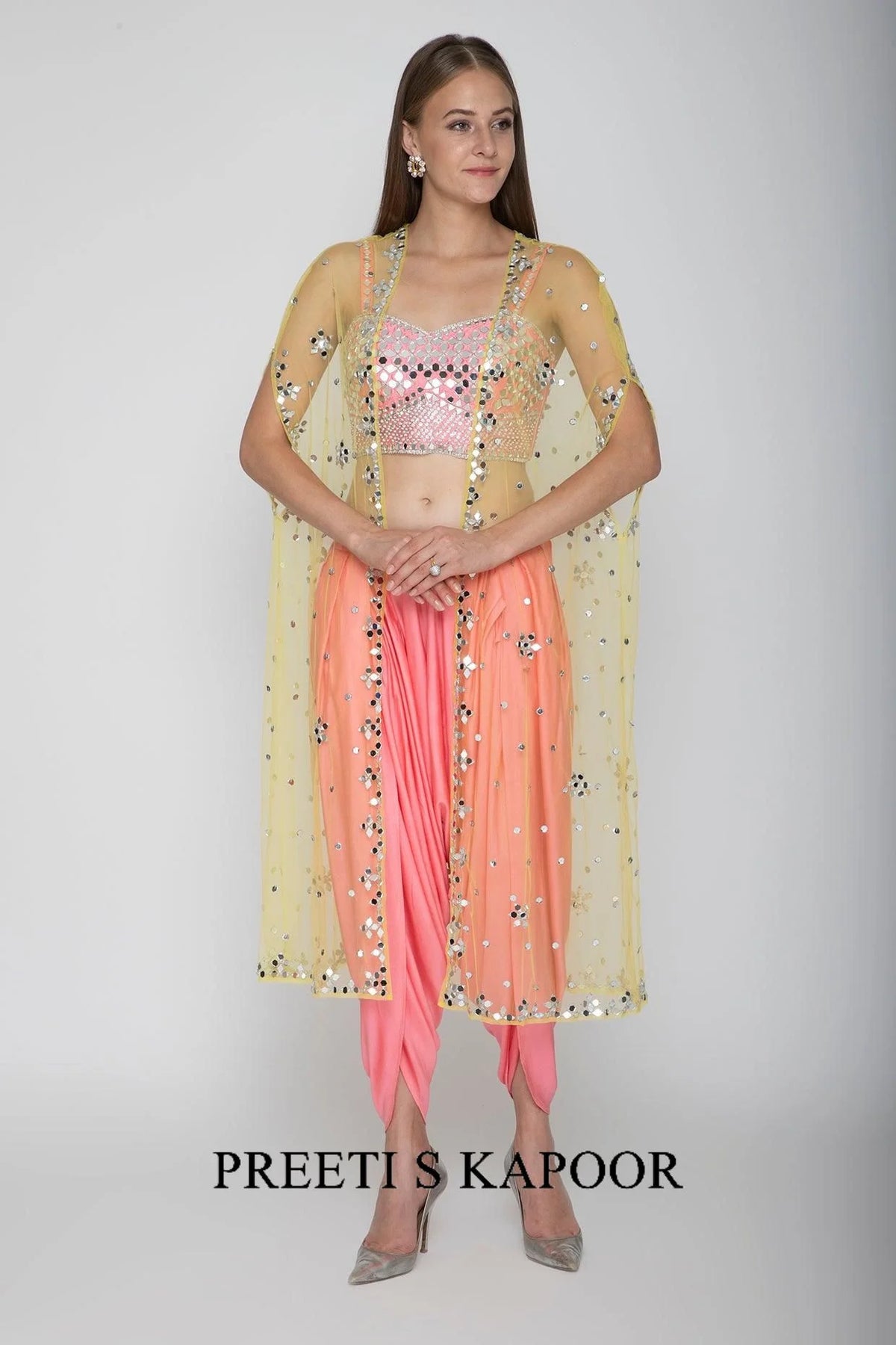Blush Pink Embroidered Blouse With Dhoti Pants & Net Cape - Preeti S Kapoor
