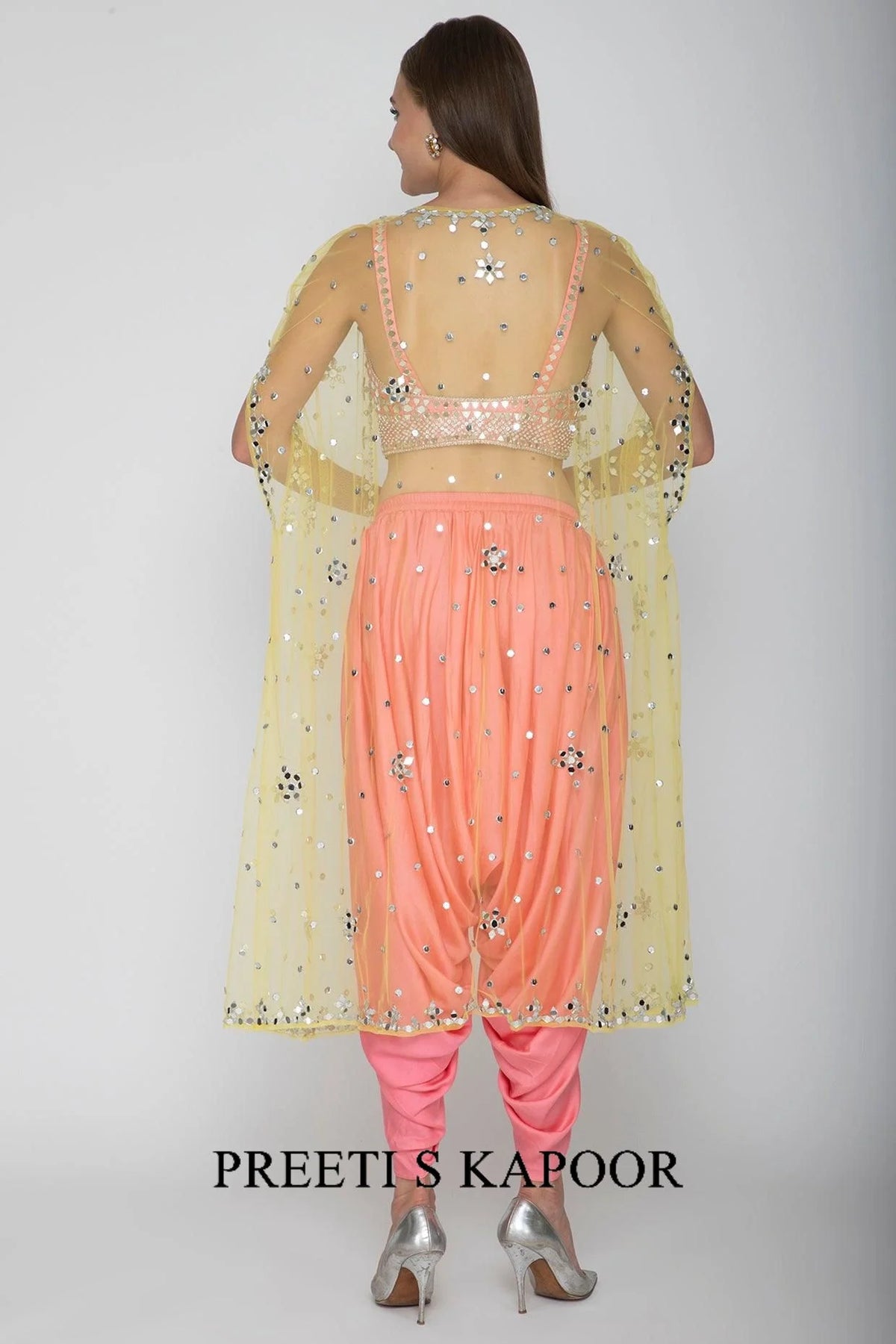 Blush Pink Embroidered Blouse With Dhoti Pants & Net Cape - Preeti S Kapoor