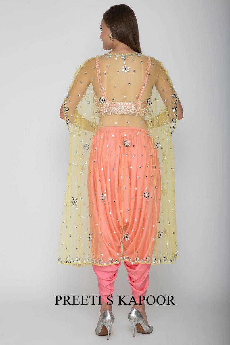 Blush Pink Embroidered Blouse With Dhoti Pants & Net Cape - Preeti S Kapoor