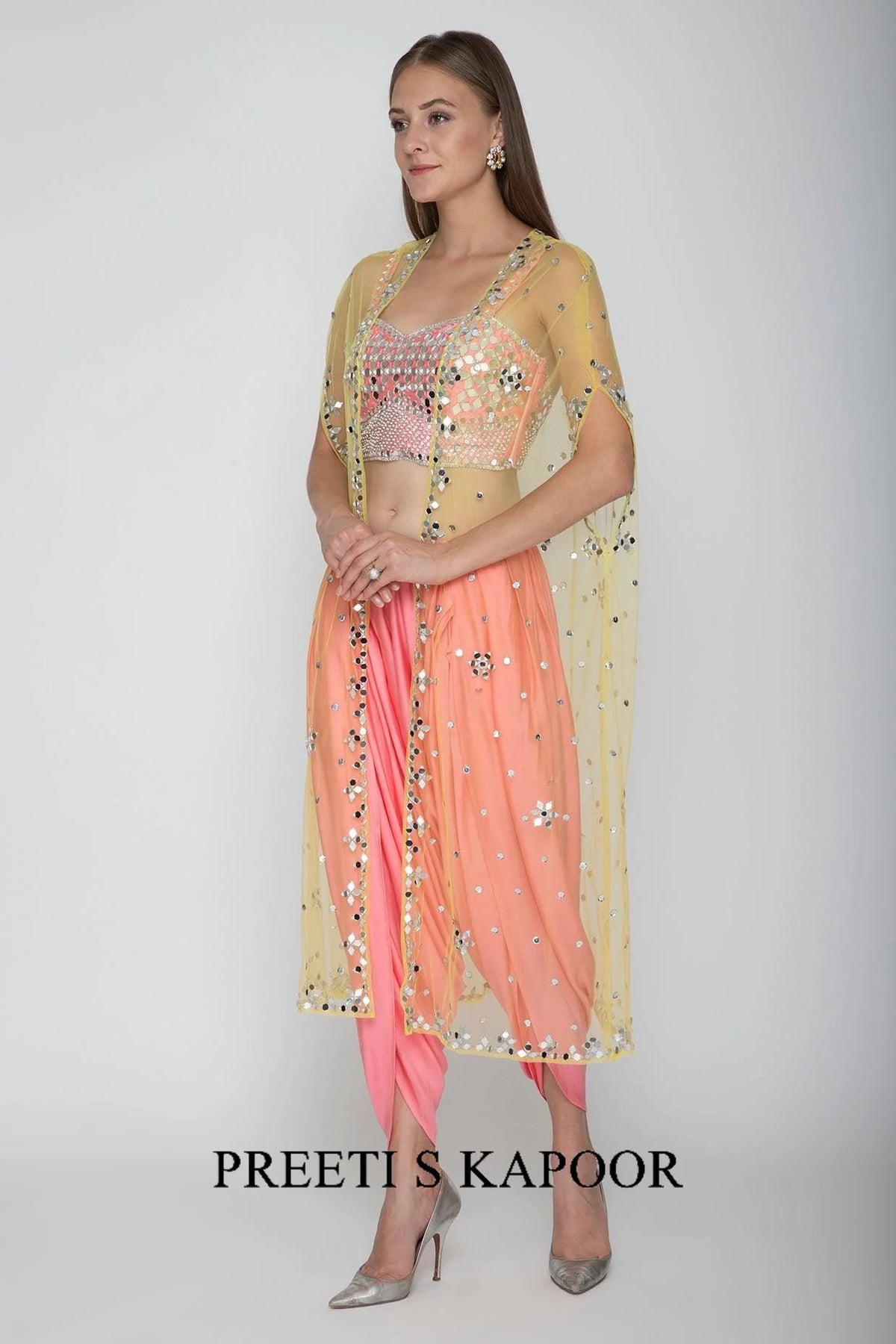 Blush Pink Embroidered Blouse With Dhoti Pants & Net Cape - Preeti S Kapoor