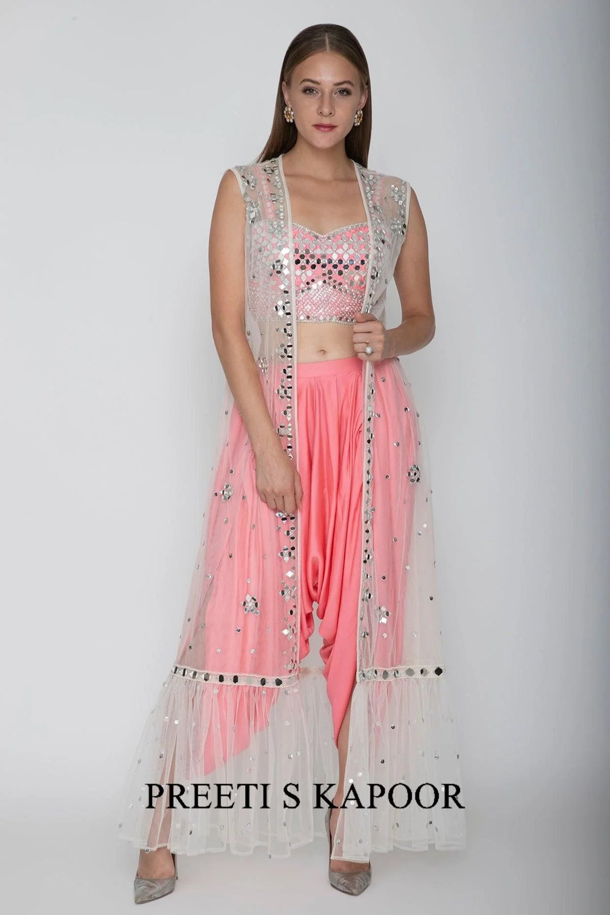 Blush Pink Embroidered Blouse With Dhoti Pants & White Cape - Preeti S Kapoor