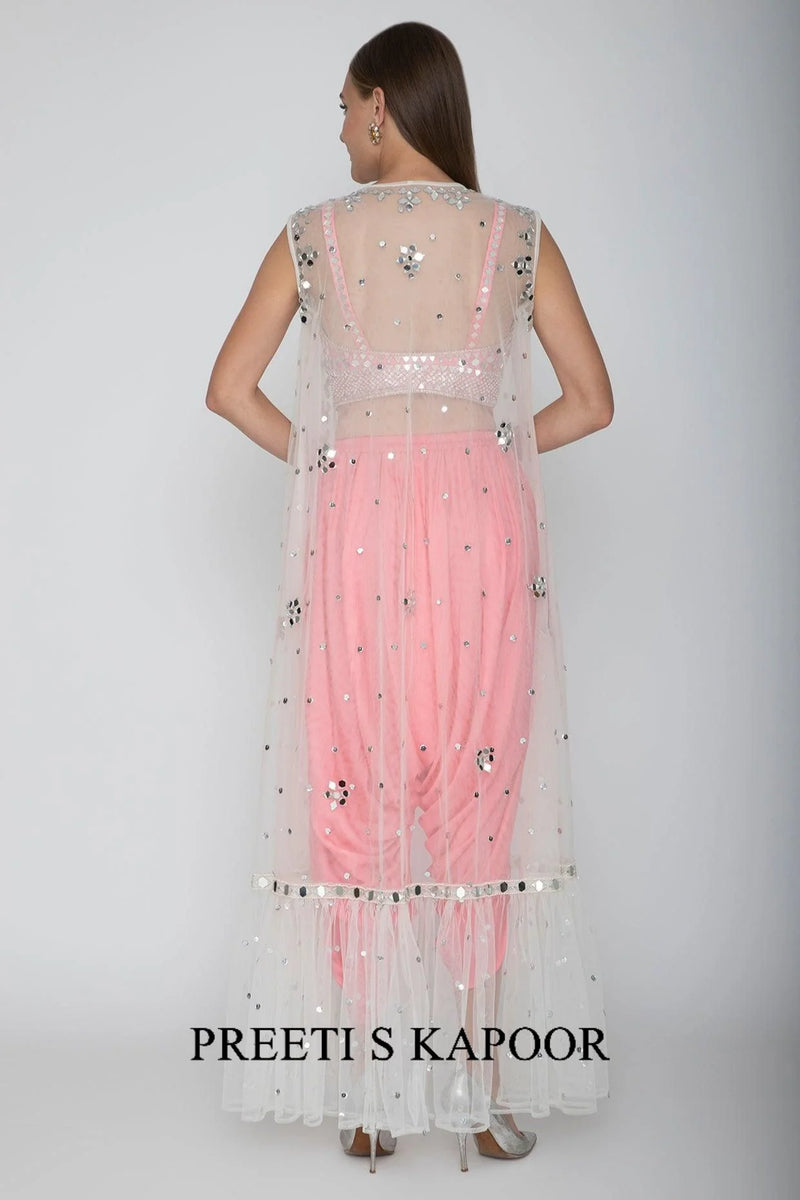 Blush Pink Embroidered Blouse With Dhoti Pants & White Cape - Preeti S Kapoor