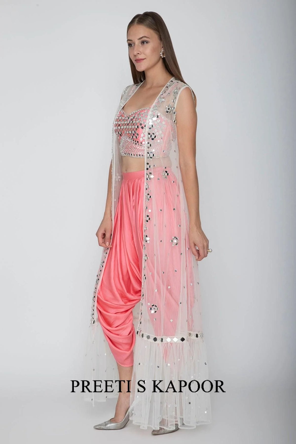 Blush Pink Embroidered Blouse With Dhoti Pants & White Cape - Preeti S Kapoor