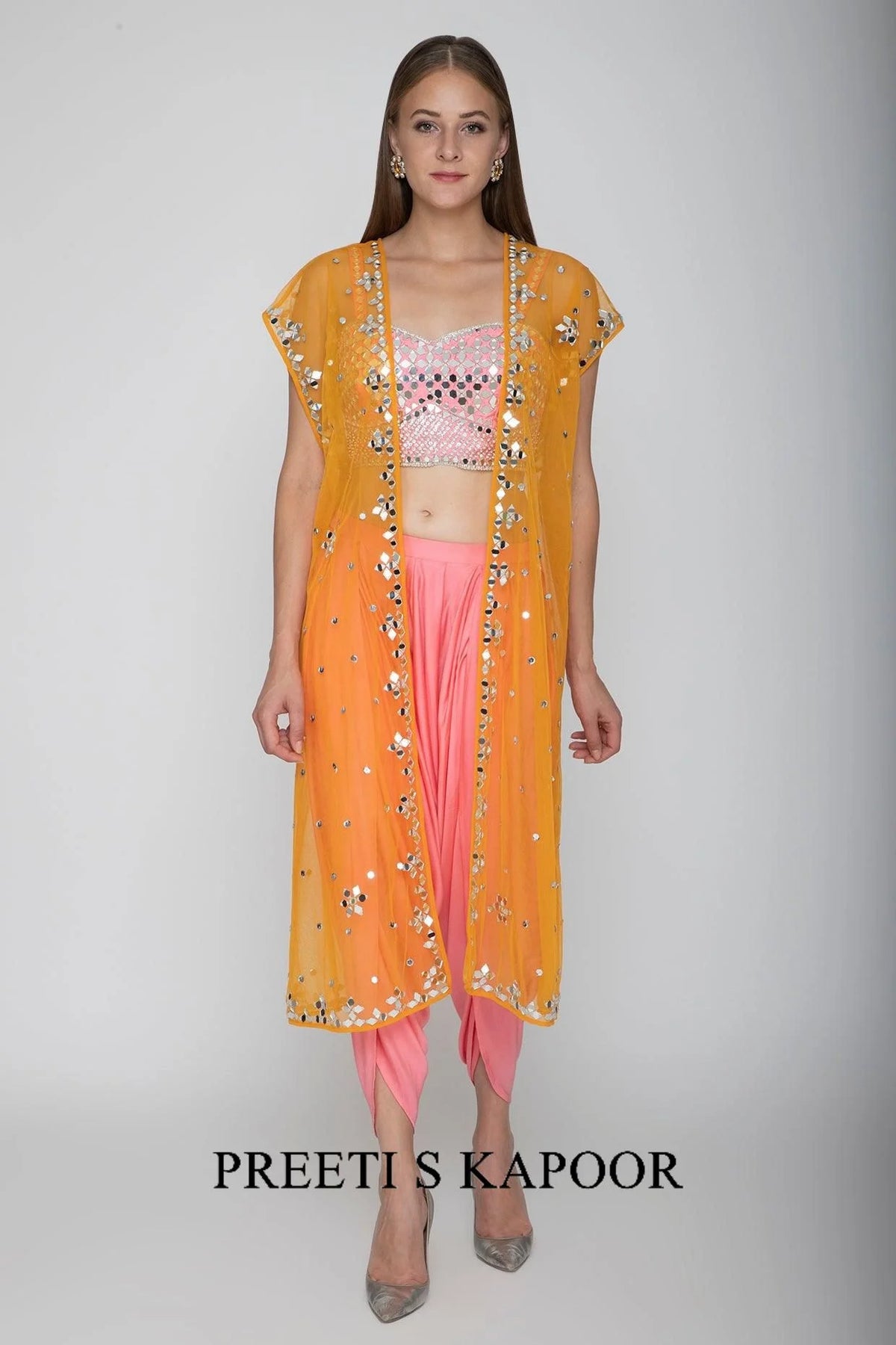 Blush Pink Embroidered Blouse With Dhoti Pants & Orange Cape - Preeti S Kapoor