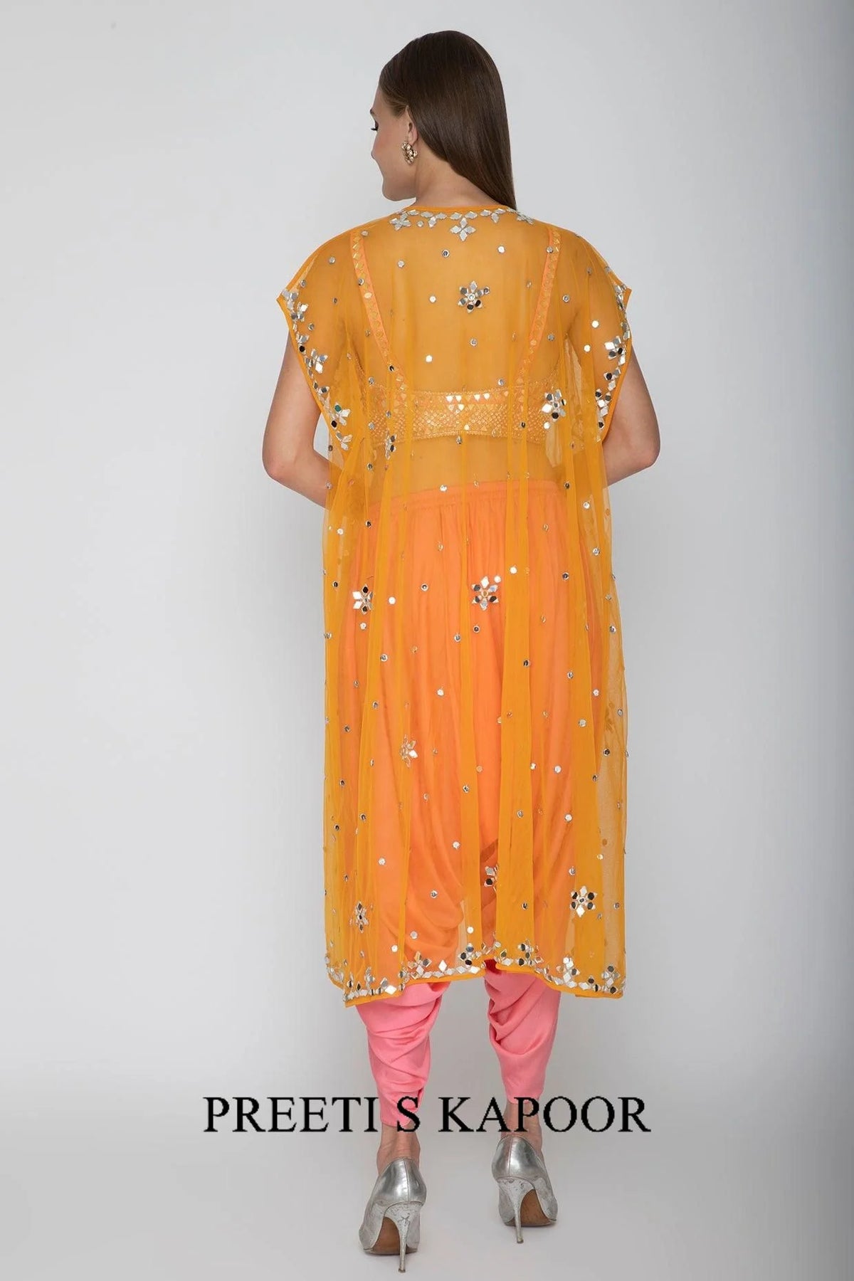 Blush Pink Embroidered Blouse With Dhoti Pants & Orange Cape - Preeti S Kapoor
