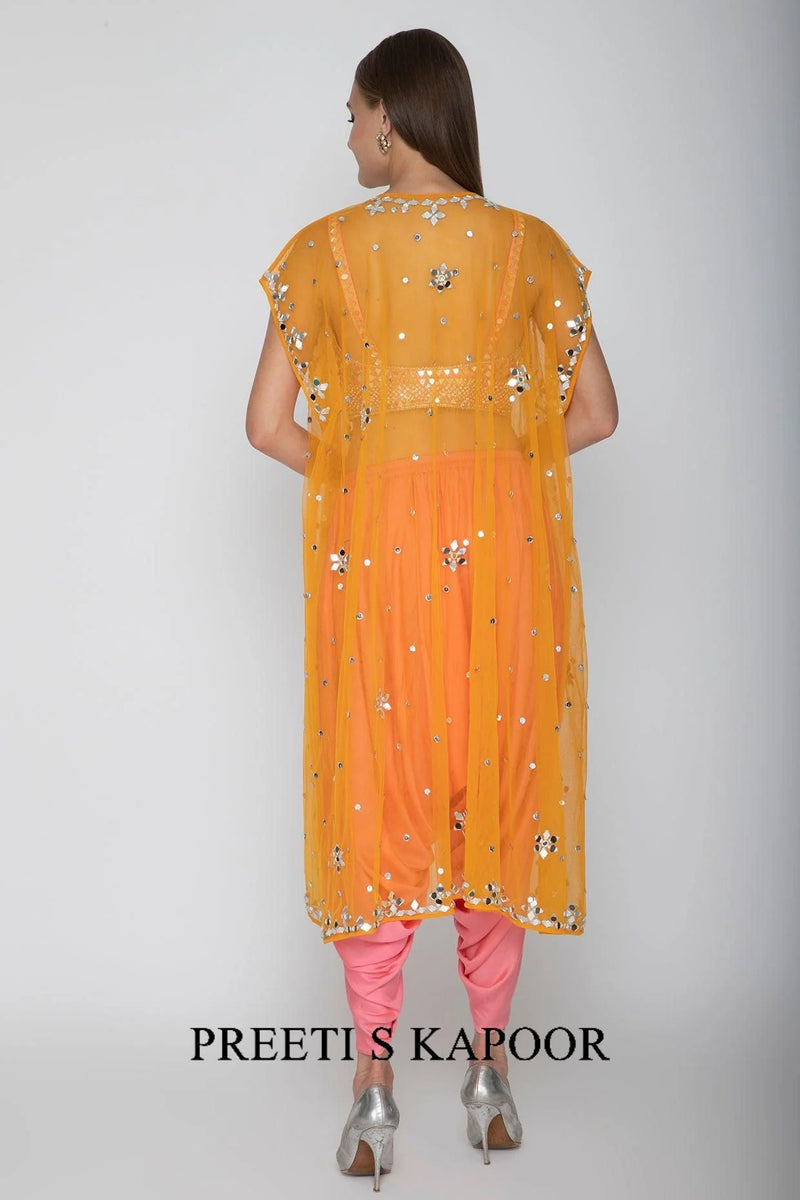 Blush Pink Embroidered Blouse With Dhoti Pants & Orange Cape - Preeti S Kapoor