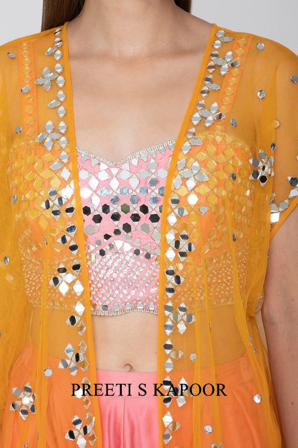 Blush Pink Embroidered Blouse With Dhoti Pants & Orange Cape - Preeti S Kapoor