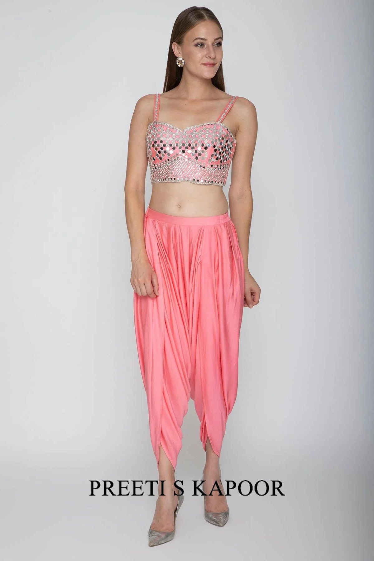 Blush Pink Embroidered Blouse With Dhoti Pants & Orange Cape - Preeti S Kapoor