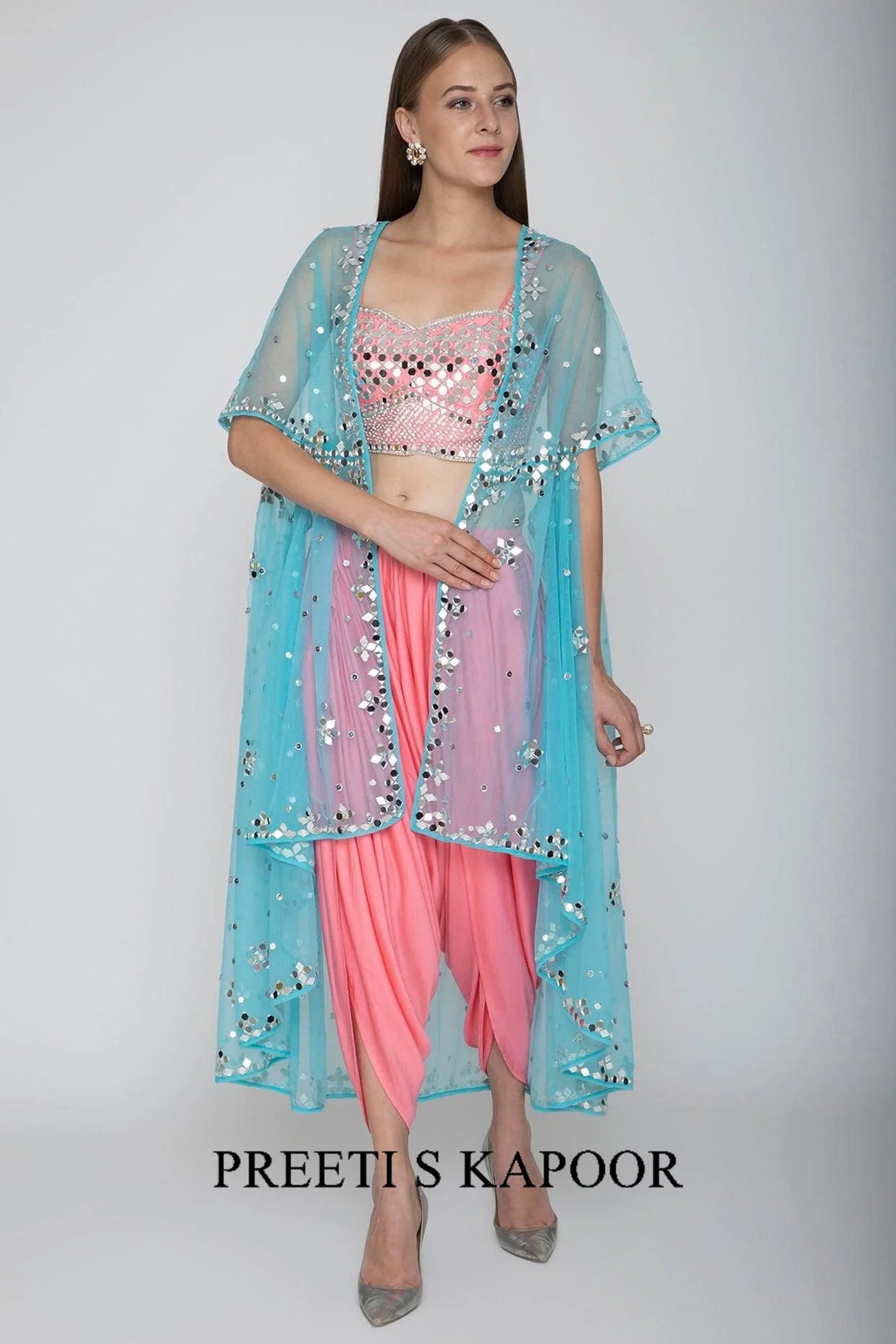 Blush Pink Embroidered Blouse With Dhoti Pants & Sky Blue Cape - Preeti S Kapoor