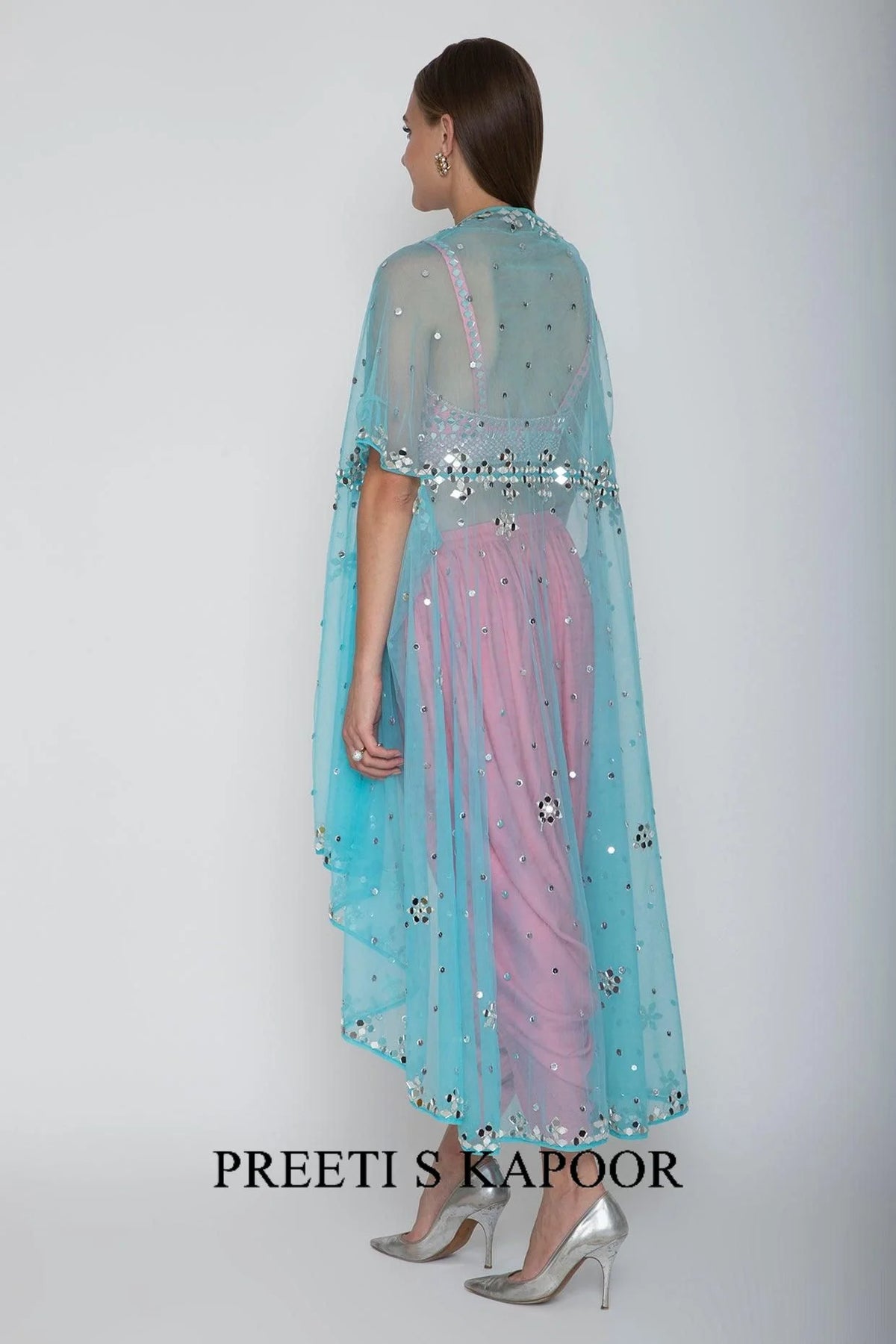 Blush Pink Embroidered Blouse With Dhoti Pants & Sky Blue Cape - Preeti S Kapoor