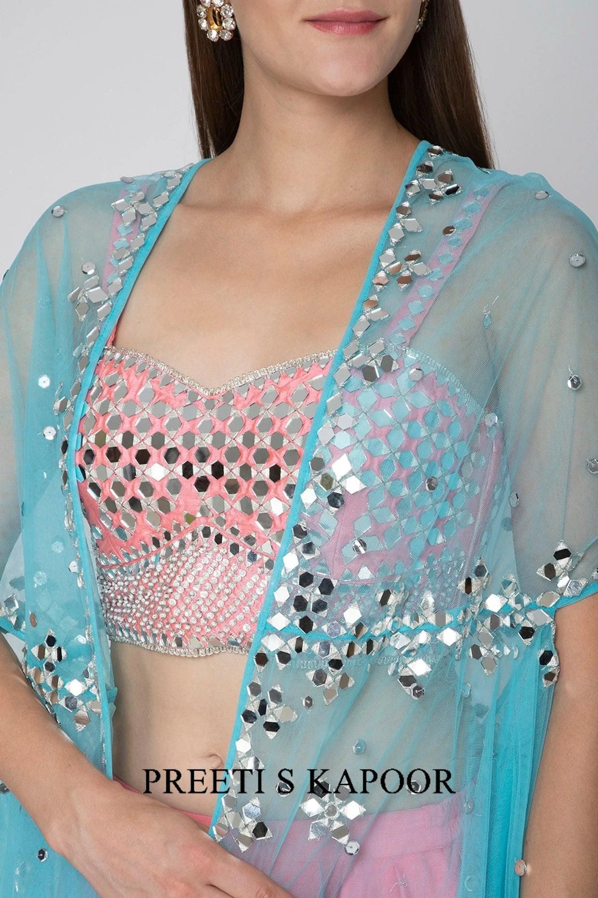 Blush Pink Embroidered Blouse With Dhoti Pants & Sky Blue Cape - Preeti S Kapoor