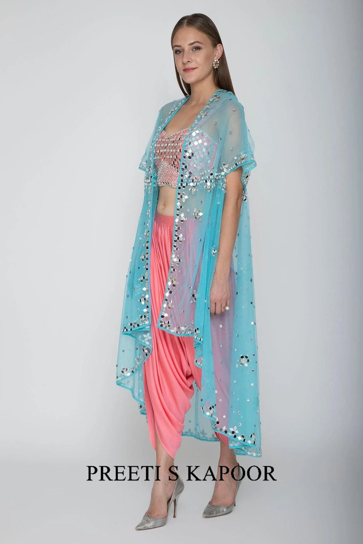 Blush Pink Embroidered Blouse With Dhoti Pants & Sky Blue Cape - Preeti S Kapoor