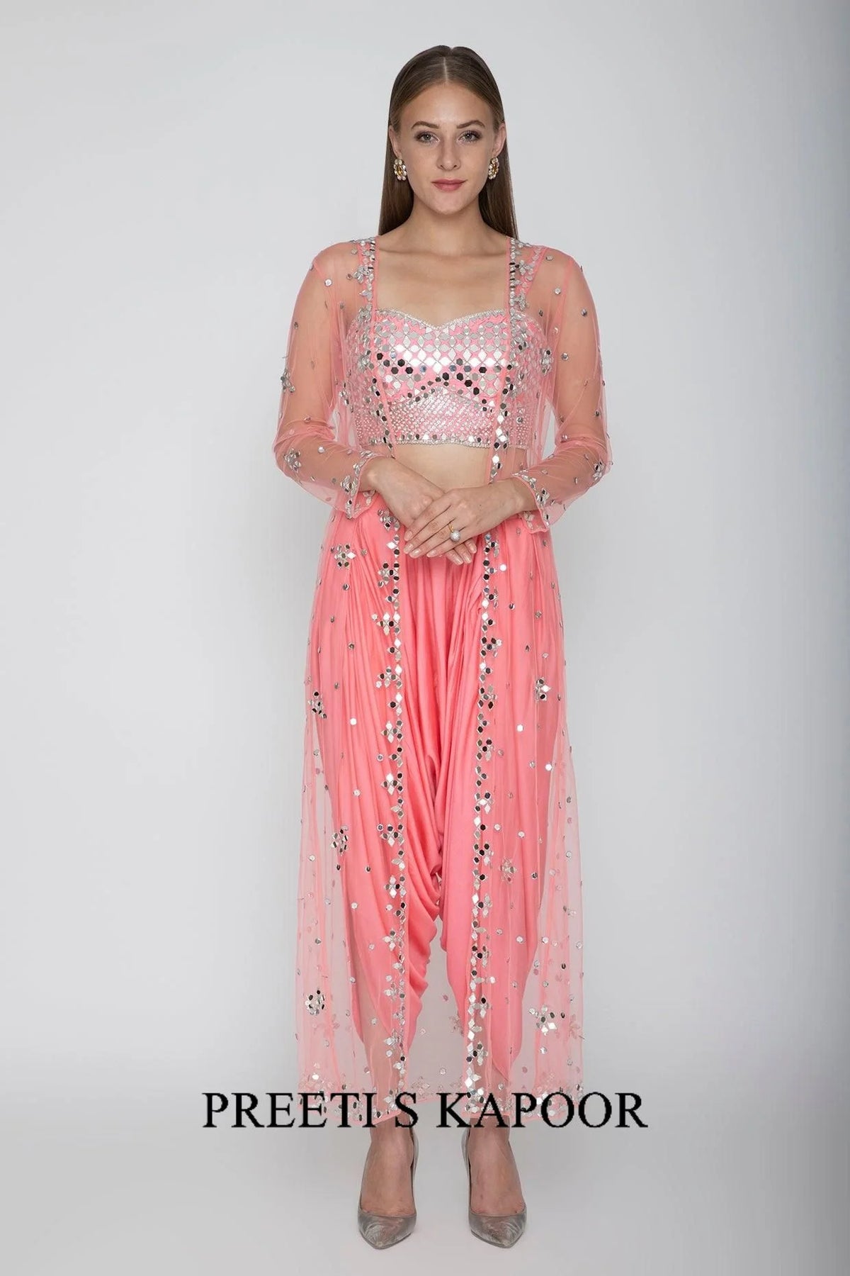Blush Pink Embroidered Blouse With Dhoti Pants & Cape - Preeti S Kapoor