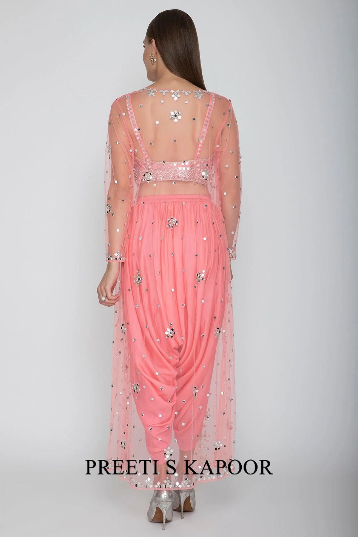 Blush Pink Embroidered Blouse With Dhoti Pants & Cape - Preeti S Kapoor