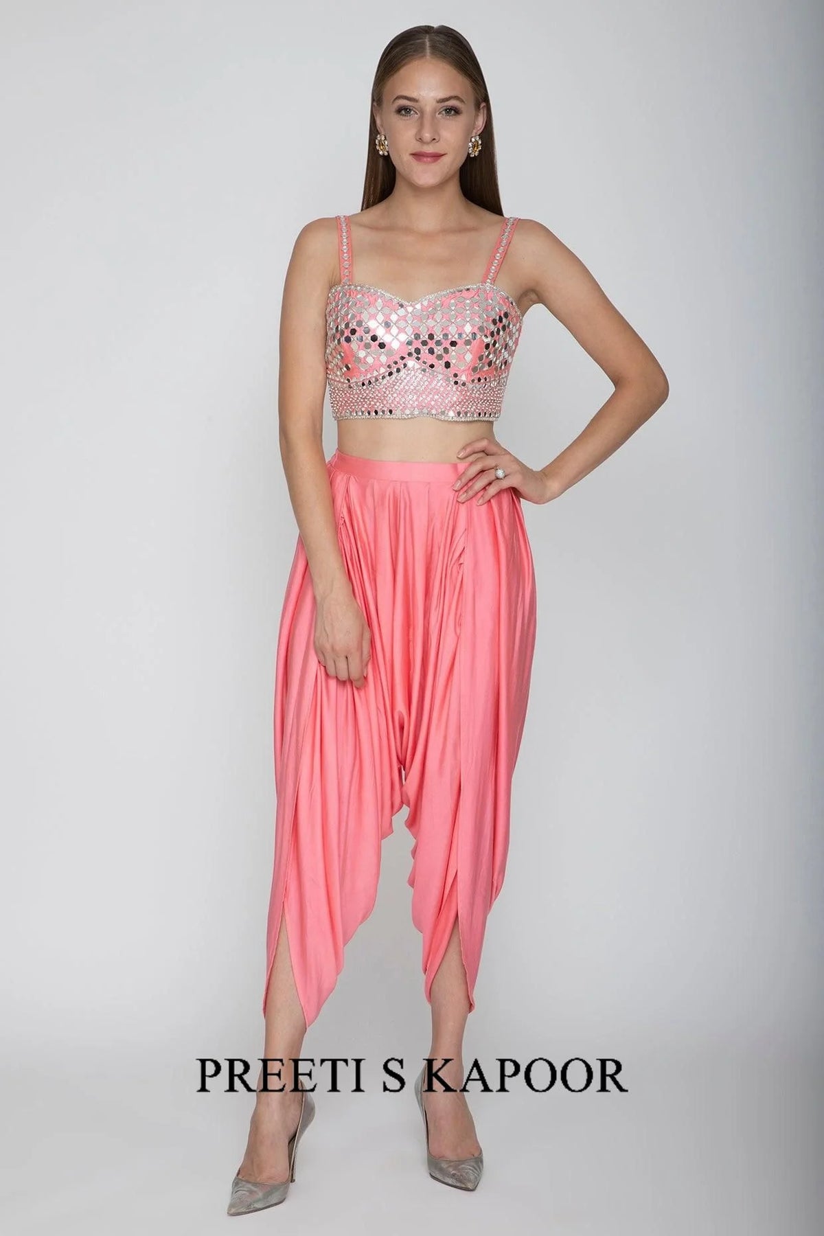 Blush Pink Embroidered Blouse With Dhoti Pants & Cape - Preeti S Kapoor