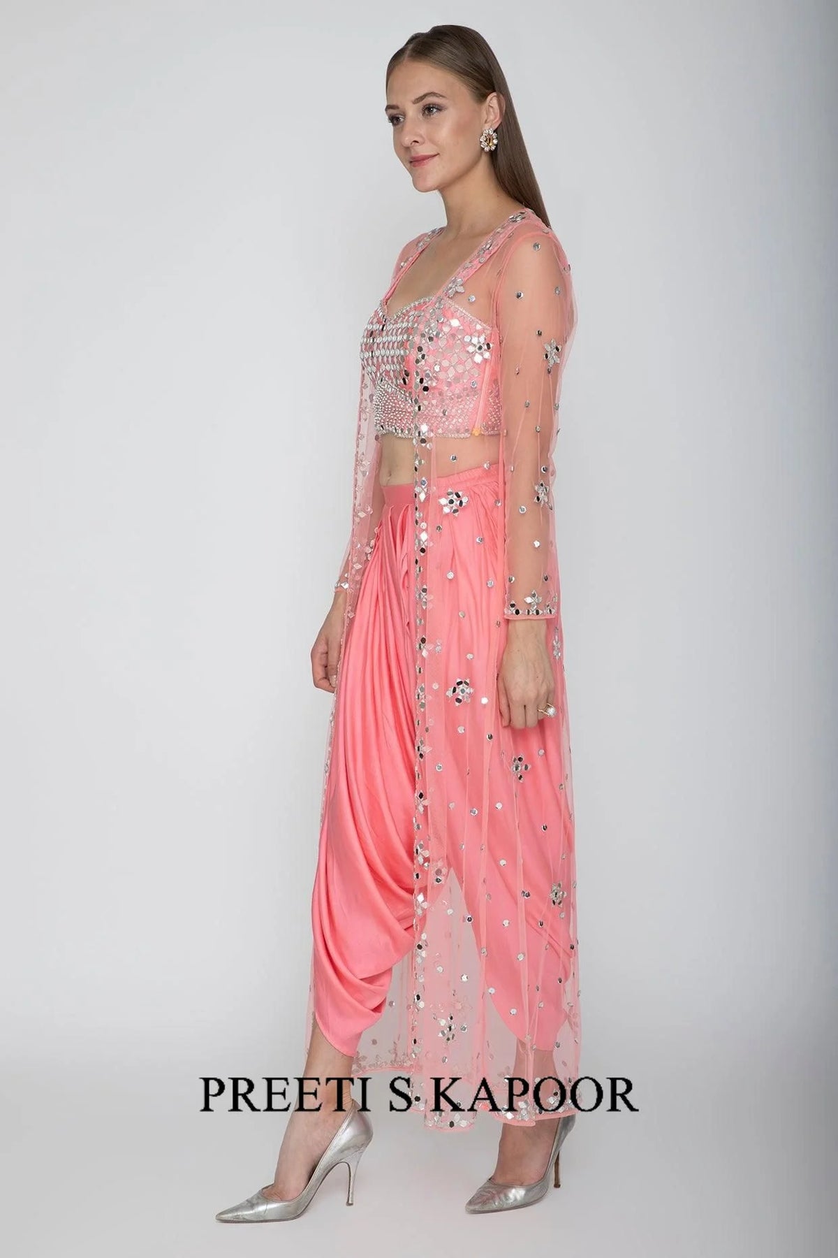 Blush Pink Embroidered Blouse With Dhoti Pants & Cape - Preeti S Kapoor