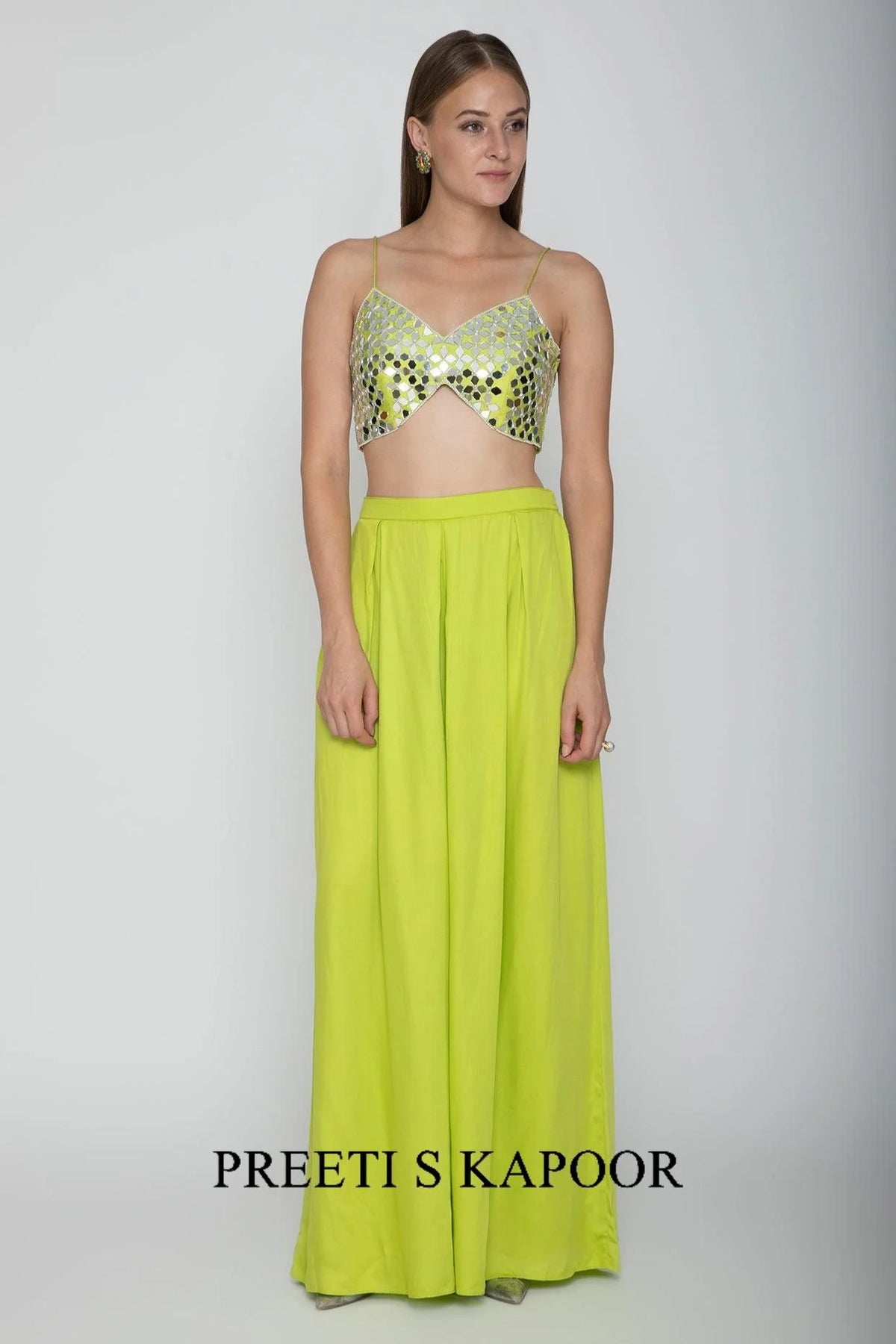 Lime Green Embroidered Blouse With Palazzo Pants & Cape - Preeti S Kapoor