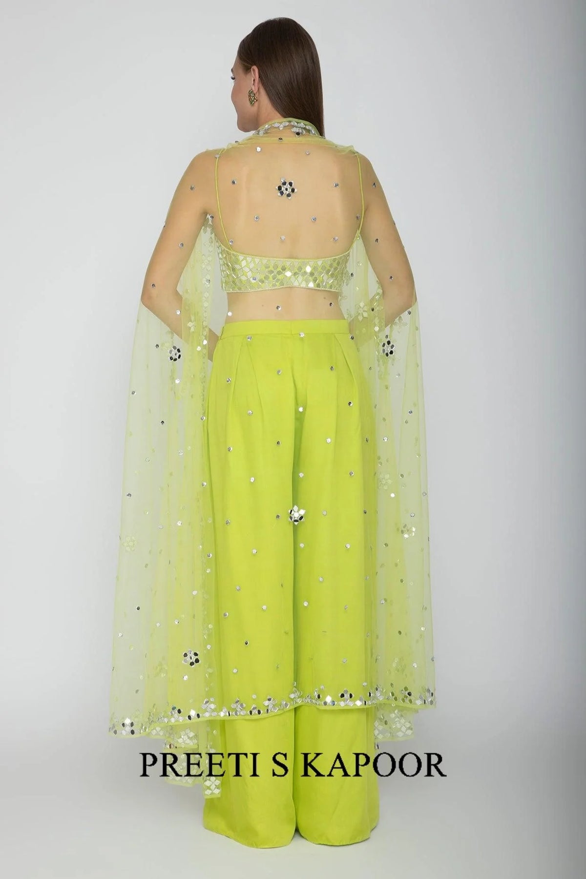 Lime Green Embroidered Blouse With Palazzo Pants & Cape - Preeti S Kapoor