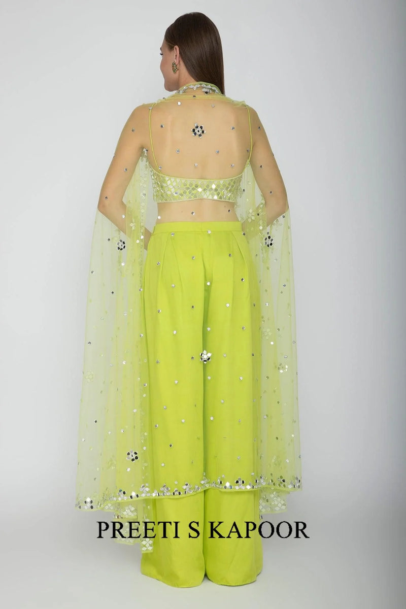 Lime Green Embroidered Blouse With Palazzo Pants & Cape - Preeti S Kapoor