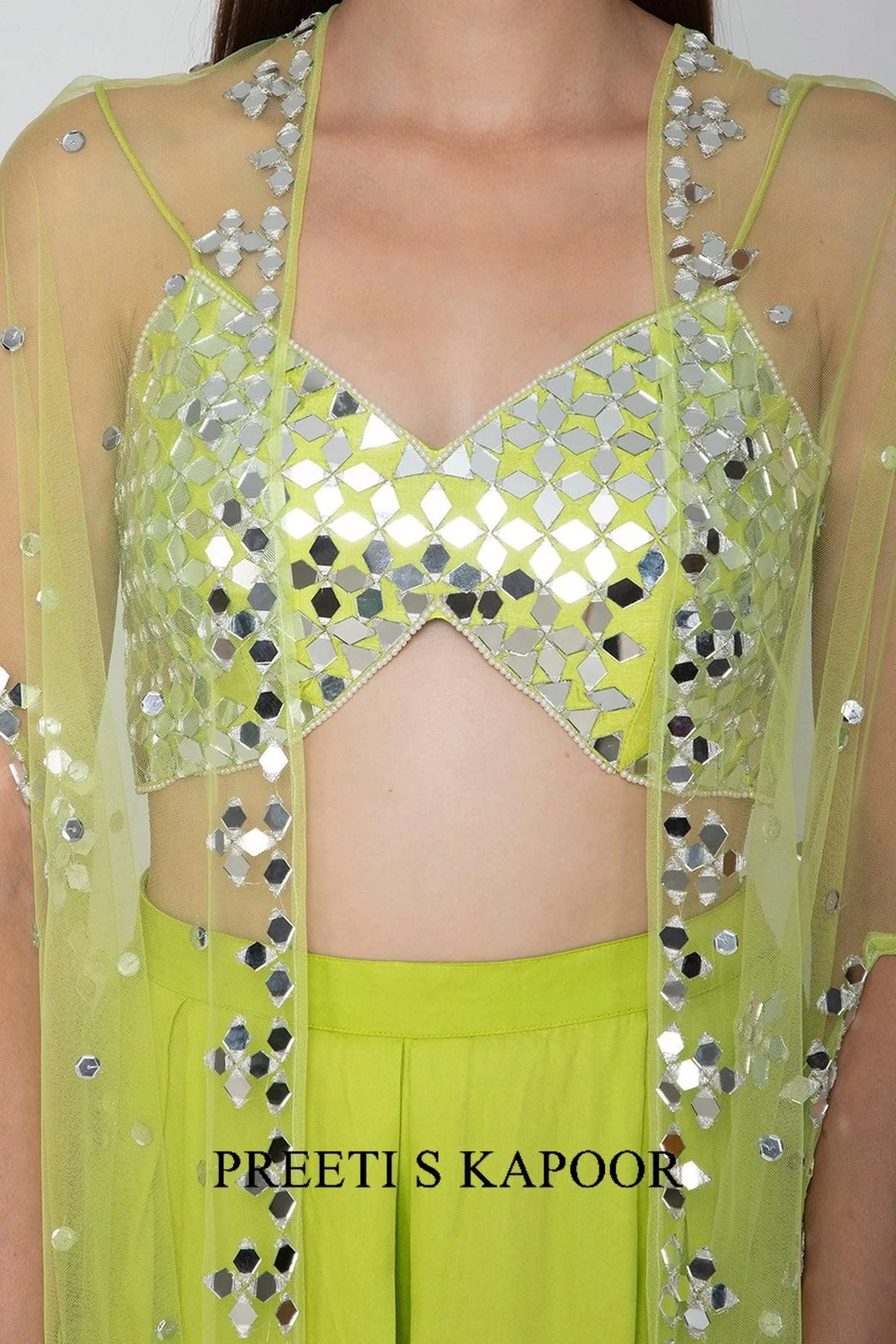 Lime Green Embroidered Blouse With Palazzo Pants & Cape - Preeti S Kapoor