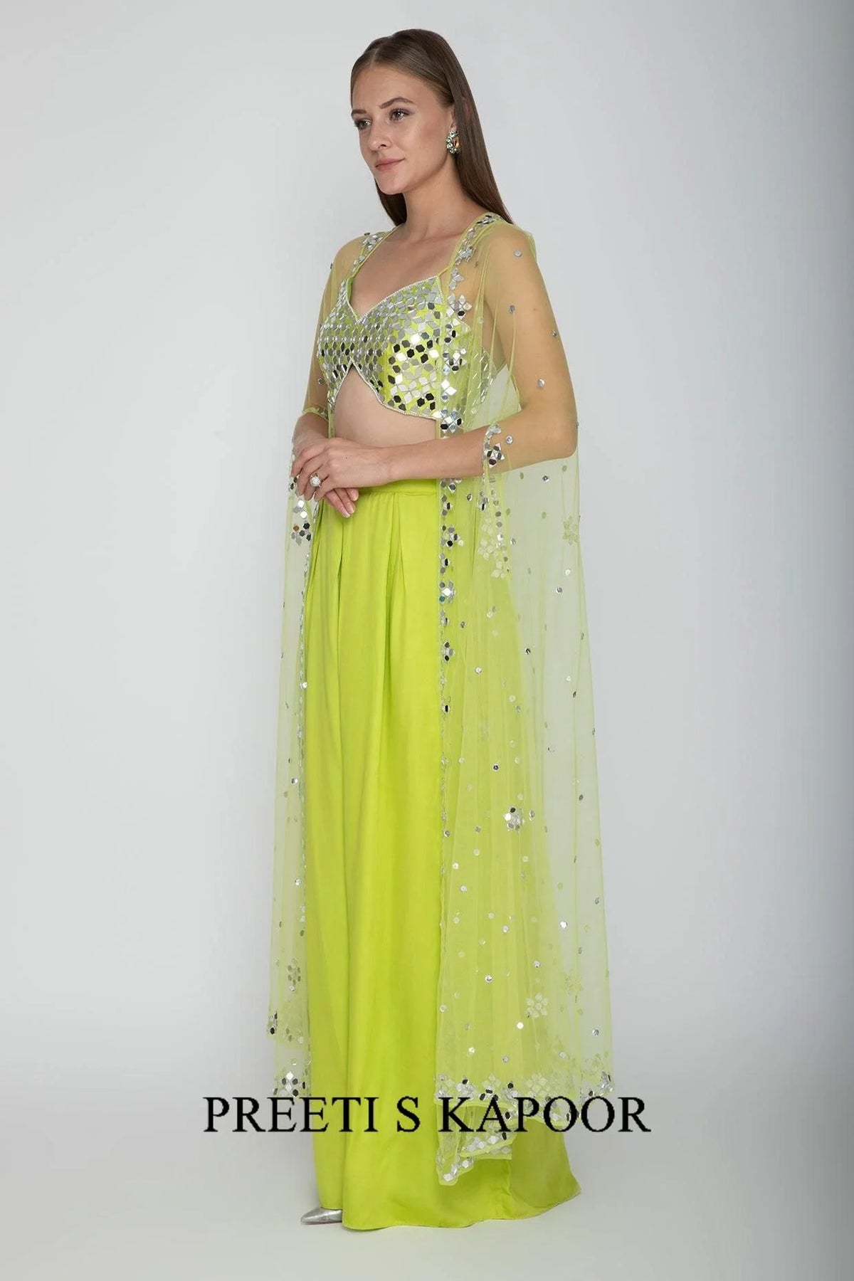 Lime Green Embroidered Blouse With Palazzo Pants & Cape - Preeti S Kapoor