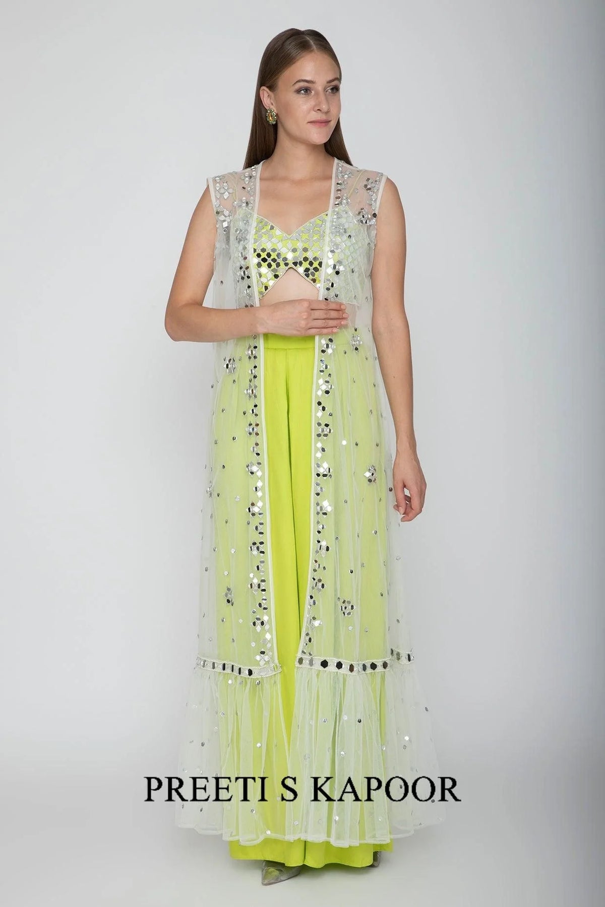 Lime Green Embroidered Blouse With Palazzo Pants & White Cape - Preeti S Kapoor