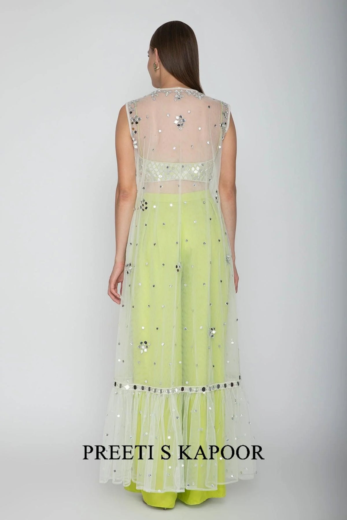 Lime Green Embroidered Blouse With Palazzo Pants & White Cape - Preeti S Kapoor