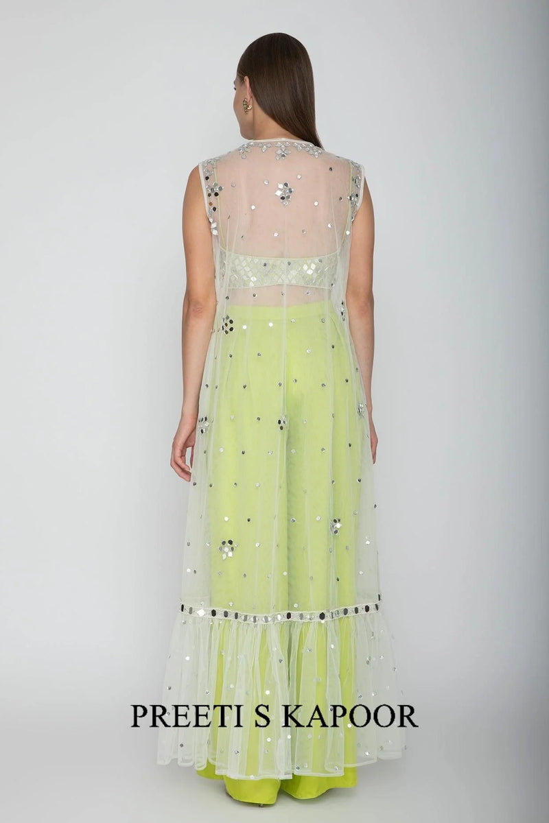 Lime Green Embroidered Blouse With Palazzo Pants & White Cape - Preeti S Kapoor