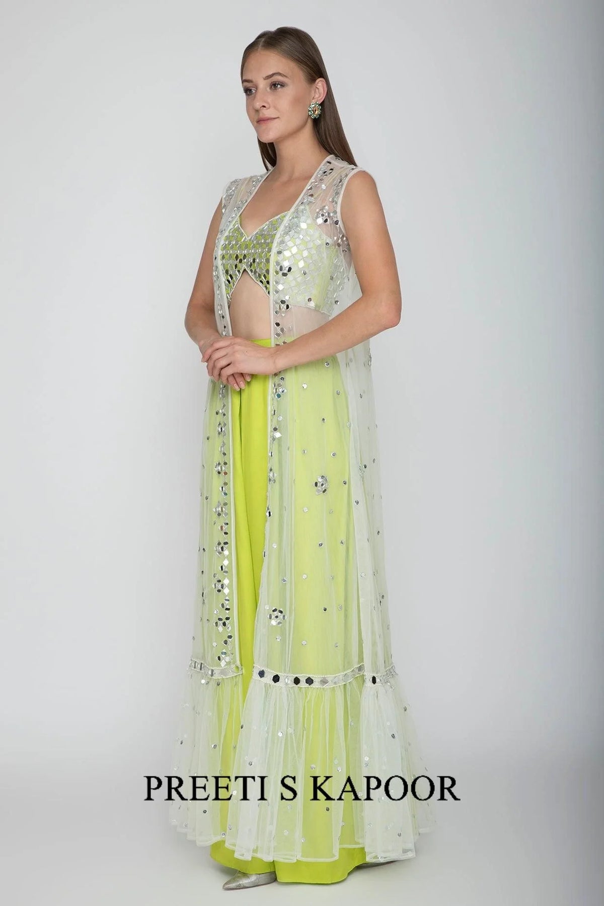 Lime Green Embroidered Blouse With Palazzo Pants & White Cape - Preeti S Kapoor
