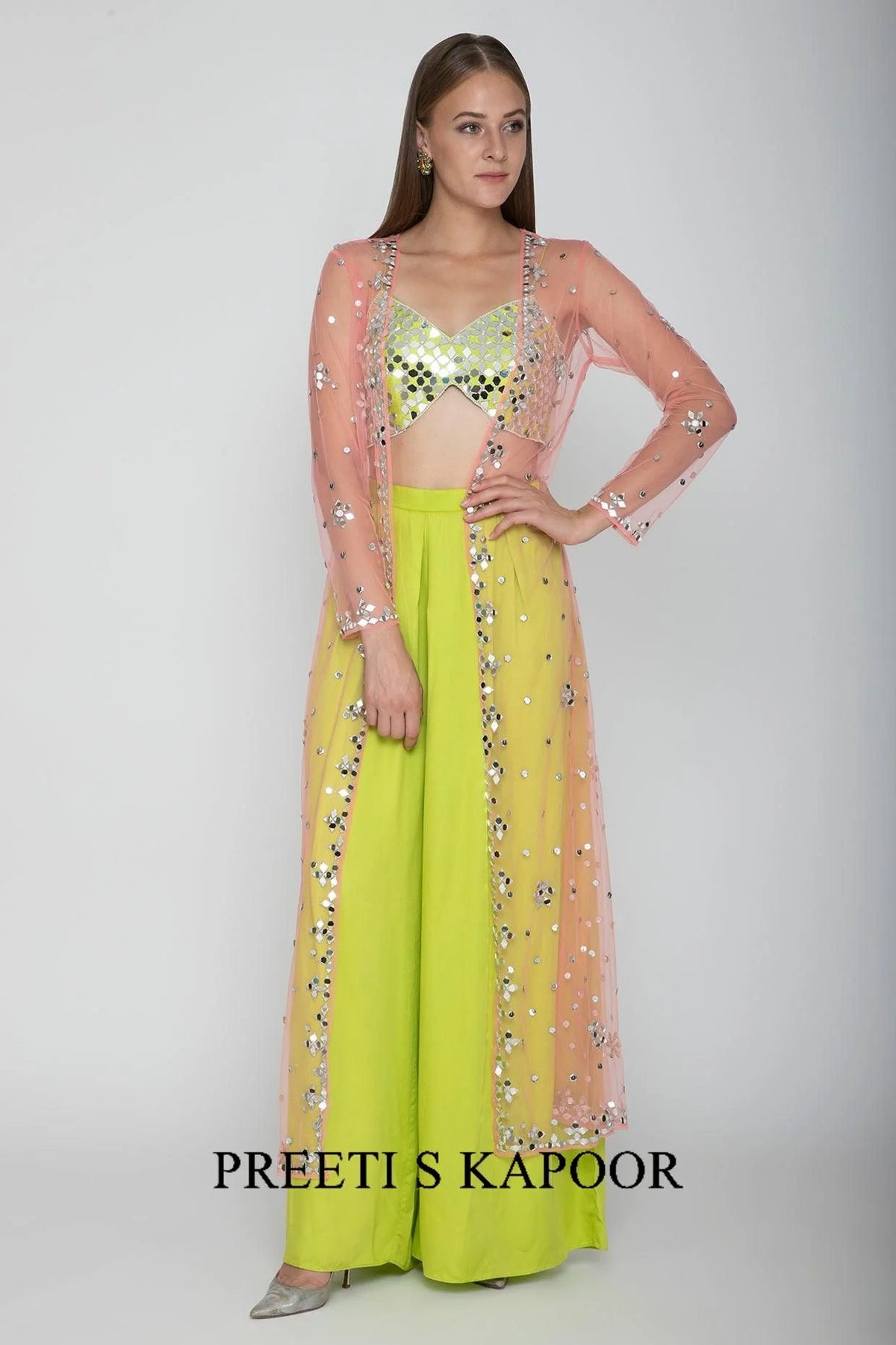 Lime Green Embroidered Blouse With Palazzo Pants & Blush Pink Cape - Preeti S Kapoor