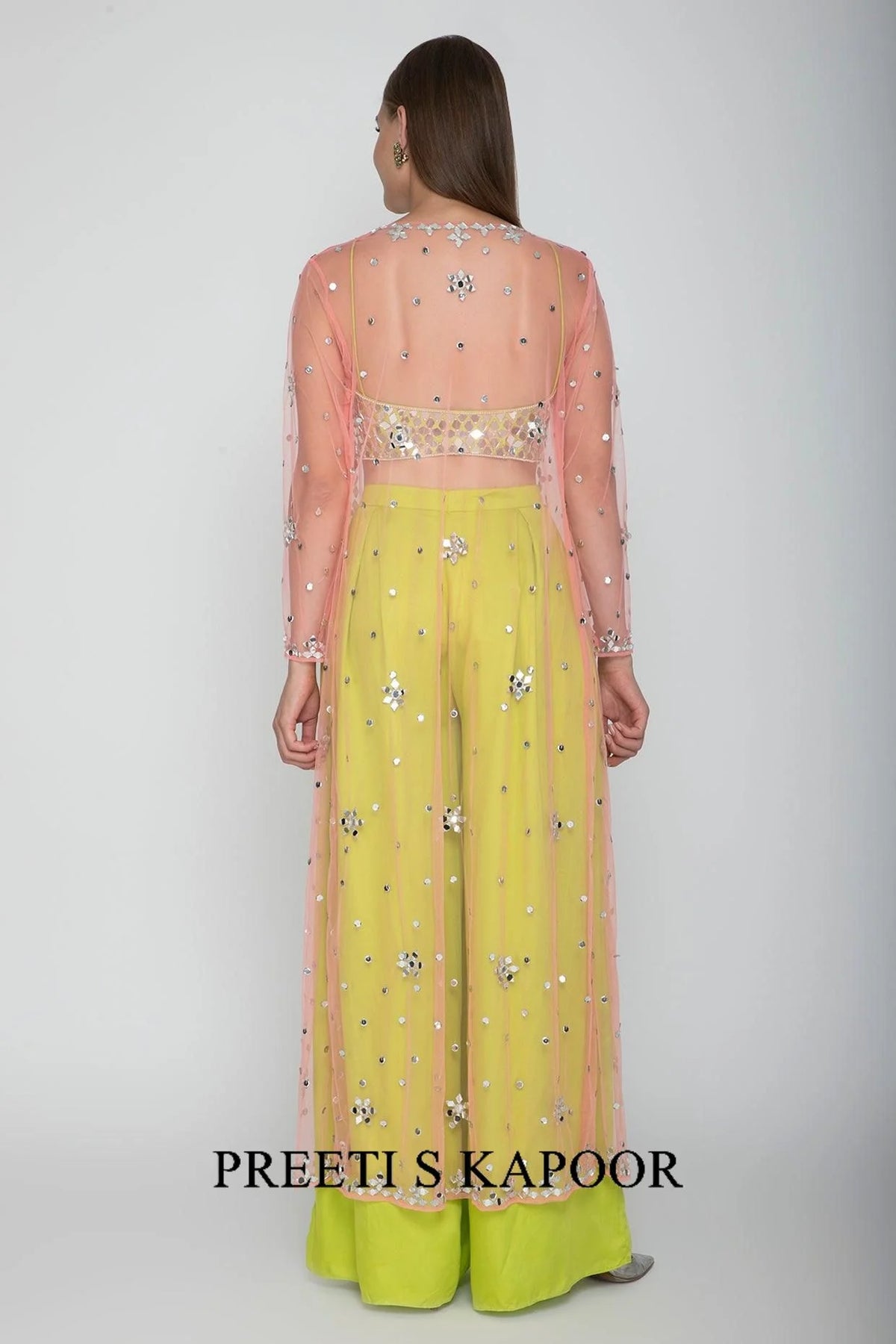 Lime Green Embroidered Blouse With Palazzo Pants & Blush Pink Cape - Preeti S Kapoor